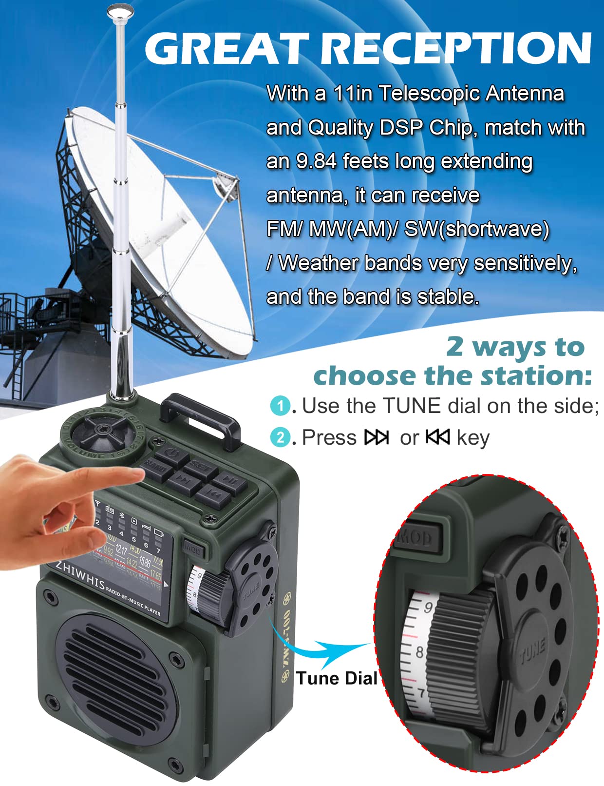 Zhiwhis Shortwave Radio With Bluetooth, Portable Radio With Sleep Timer, Weather Am Fm Shortwave Radios With Best Sound, Retro A