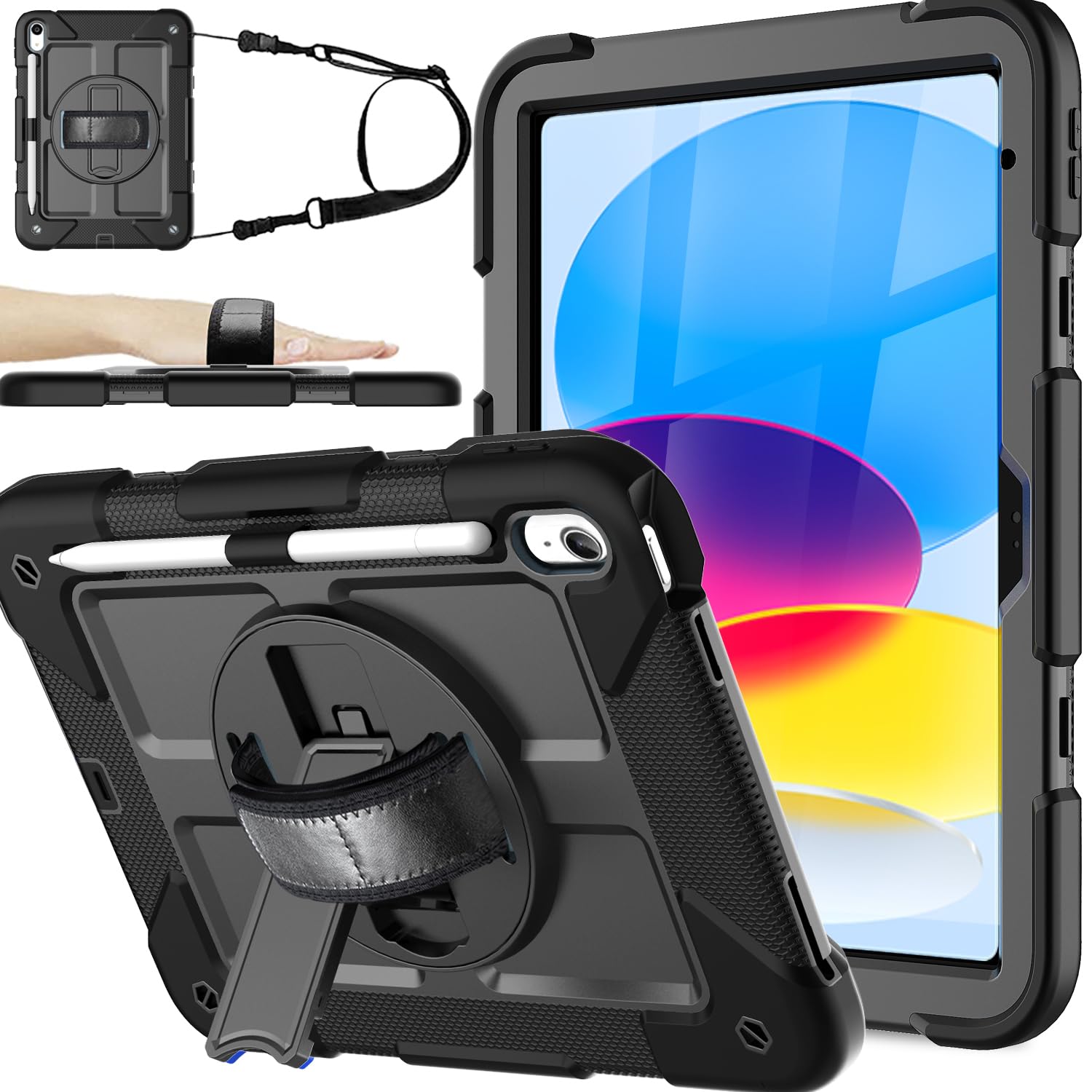 Bmouo Ipad 10Th Generation Case 10.9 Inch 2022   With Screen Protector, 360 Rotating Stand & Pencil Holder & Hand & Shoulder Str