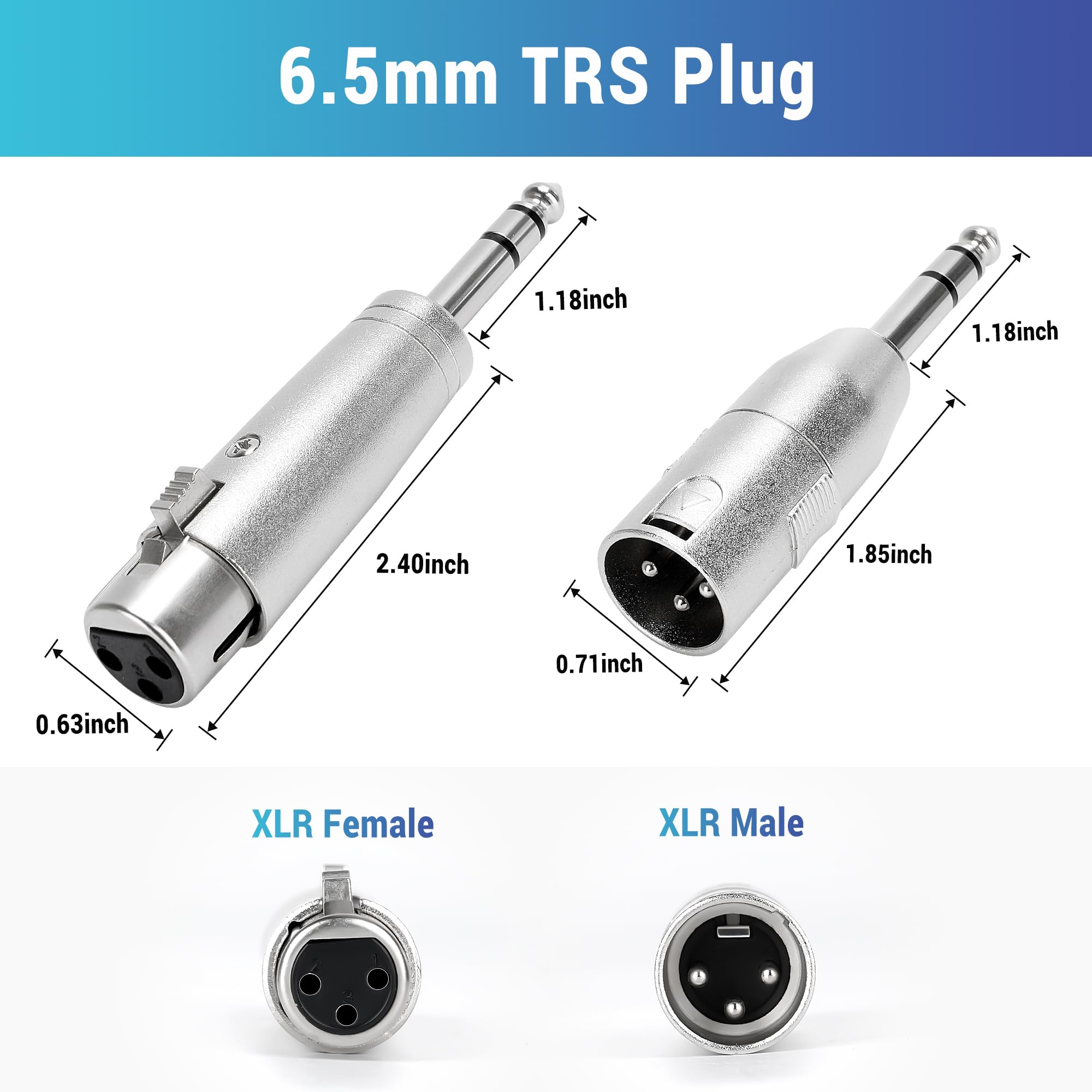 Togconn 1/4'' Trs Male To Xlr Adapter 2 Pack, 6.35Mm 1/4'' Male To Xlr Male Adapter And 6.35Mm 1/4'' Male To Xlr Female Adapter,