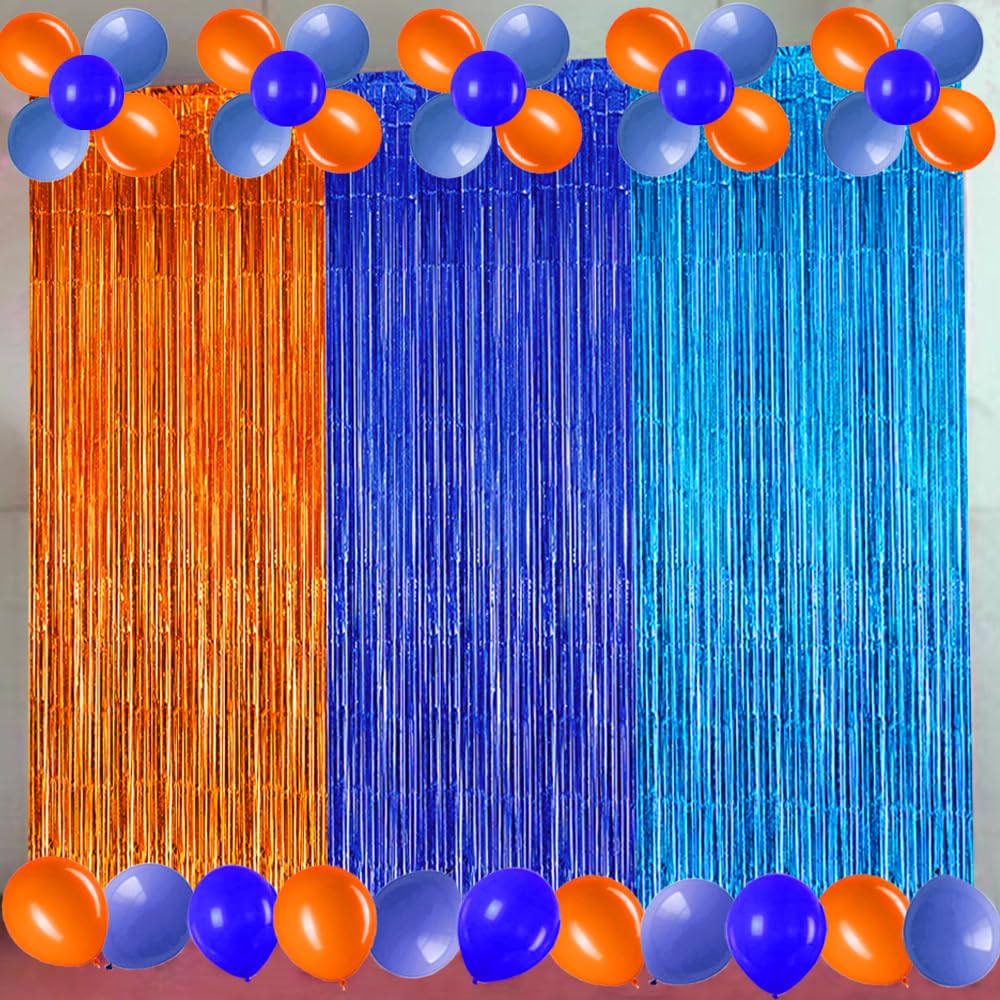 Blue And Orange Foil Fringe Curtains, Blue Orange Dog Birthday Party Supplies Blue Orange And Light Blue Streamer Backdrop Tinse