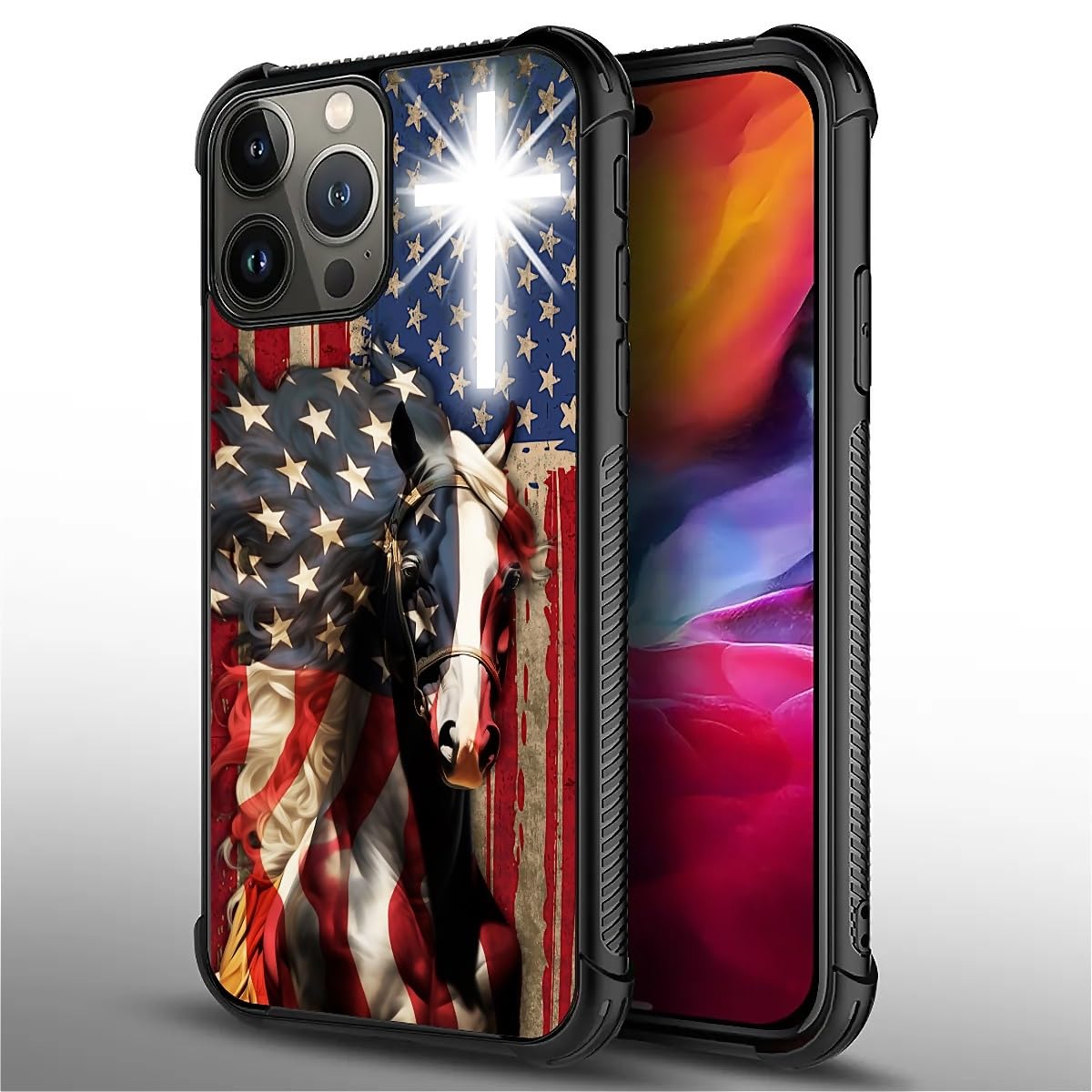 Fkbrcl4U For Iphone 15 Pro Case, Red American Flag Horse Cross Pattern Graphic Design Girl Boy Soft Silicone Hard Acrylic Shock