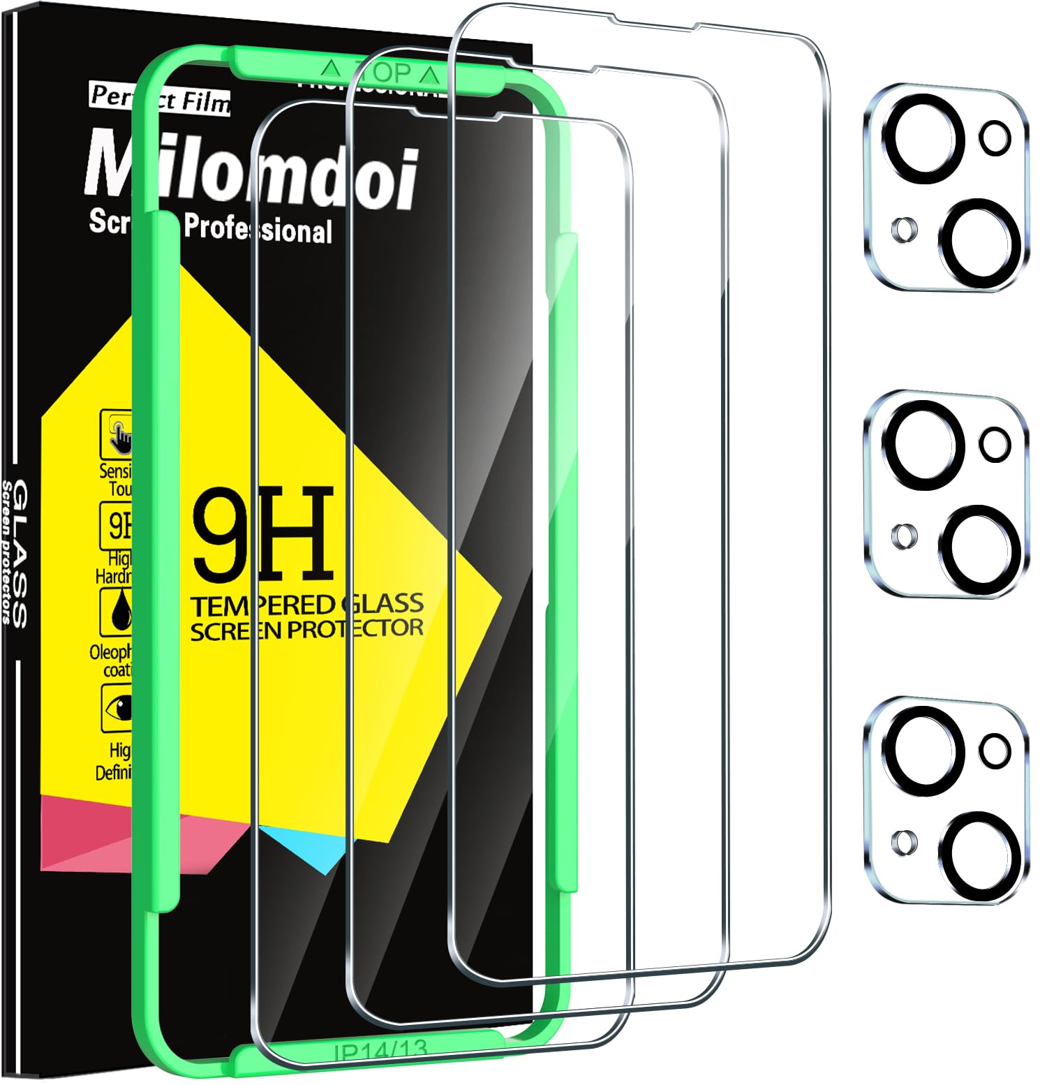 Milomdoi 3 Pack Screen Protector For Apple Iphone 13/ Iphone 14 With 3 Pack Tempered Glass Camera Lens Protector, Ultra 9H Acces