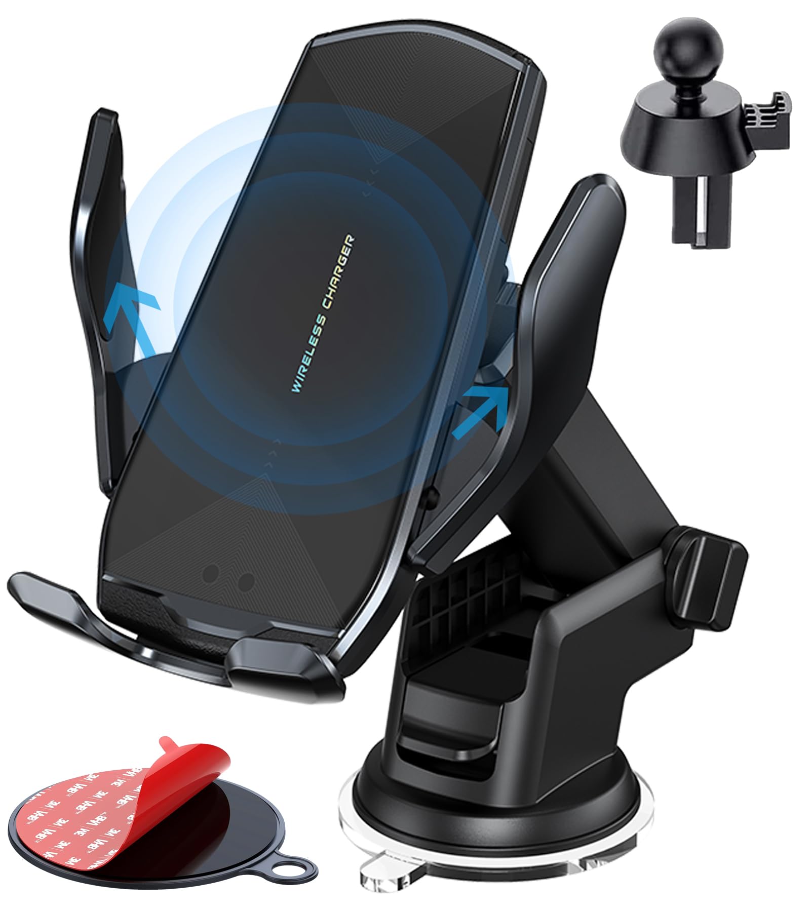 Wireless Car Charger Mount, 15W Qi Fast Charging Auto-Clamping Cell Phone Car Holder Air Vent Windshield Dashboard Long Arm Suct