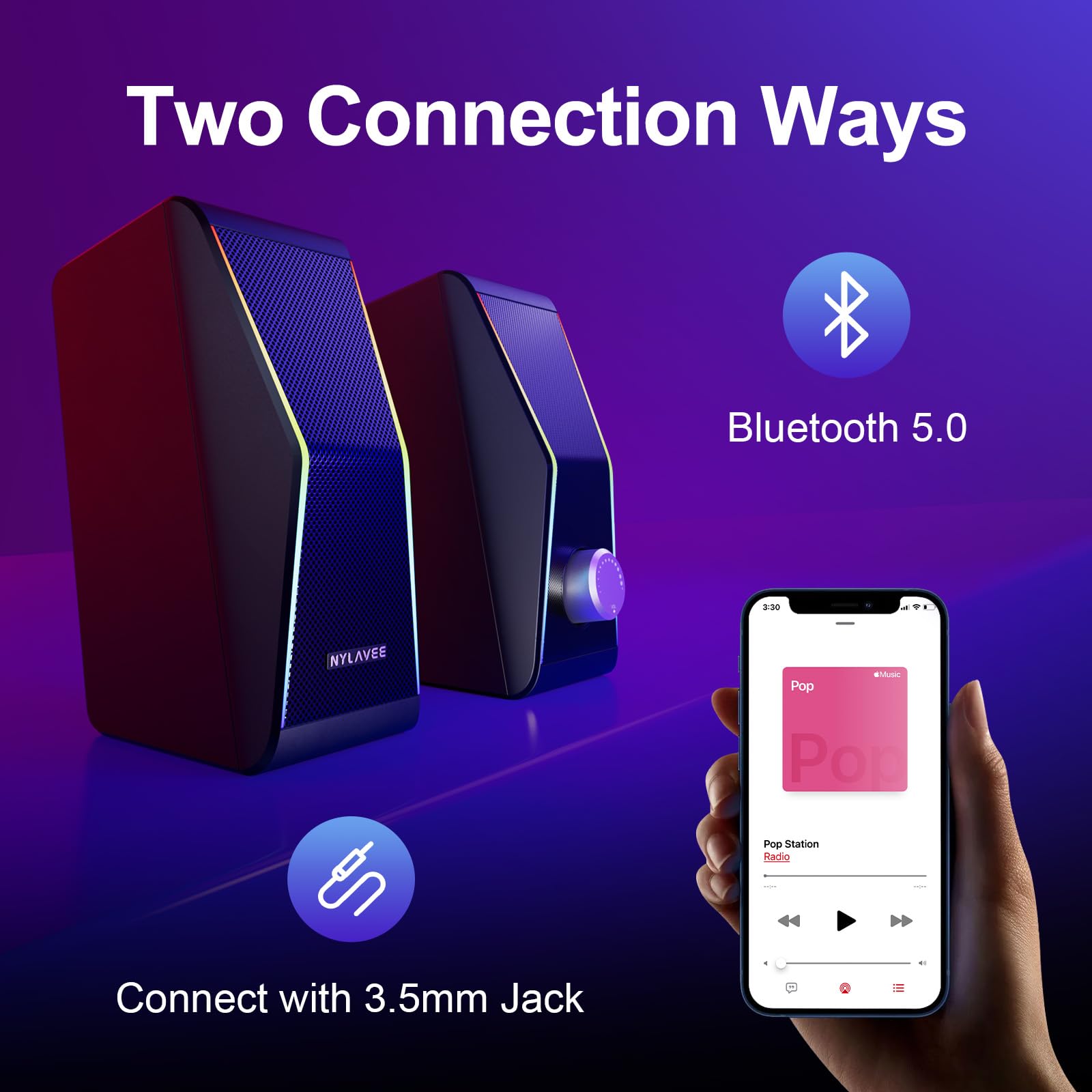 Computer Speakers, Bluetooth 5.0 Hi Fi Stereo Pc Speakers, 4 Dynamic Lighting Modes Speakers For Pc, Ac Adapter Powered And 3.5M