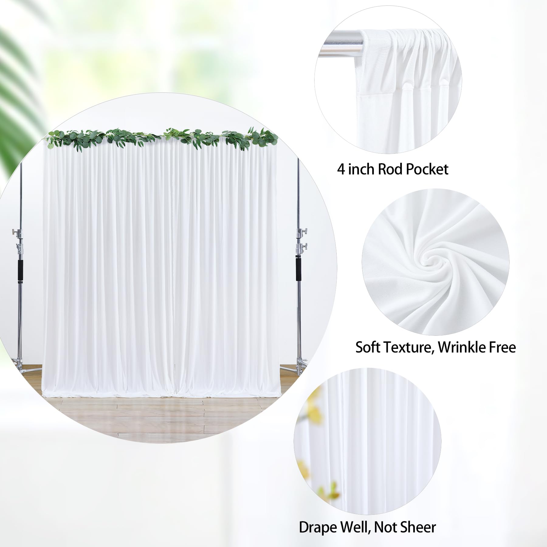 10 X 8Ft White Backdrop Curtains For Wedding 2 Panels Polyster Photo Backdrop Drapes Wrinkle Free Background Curtains Soft Fabri