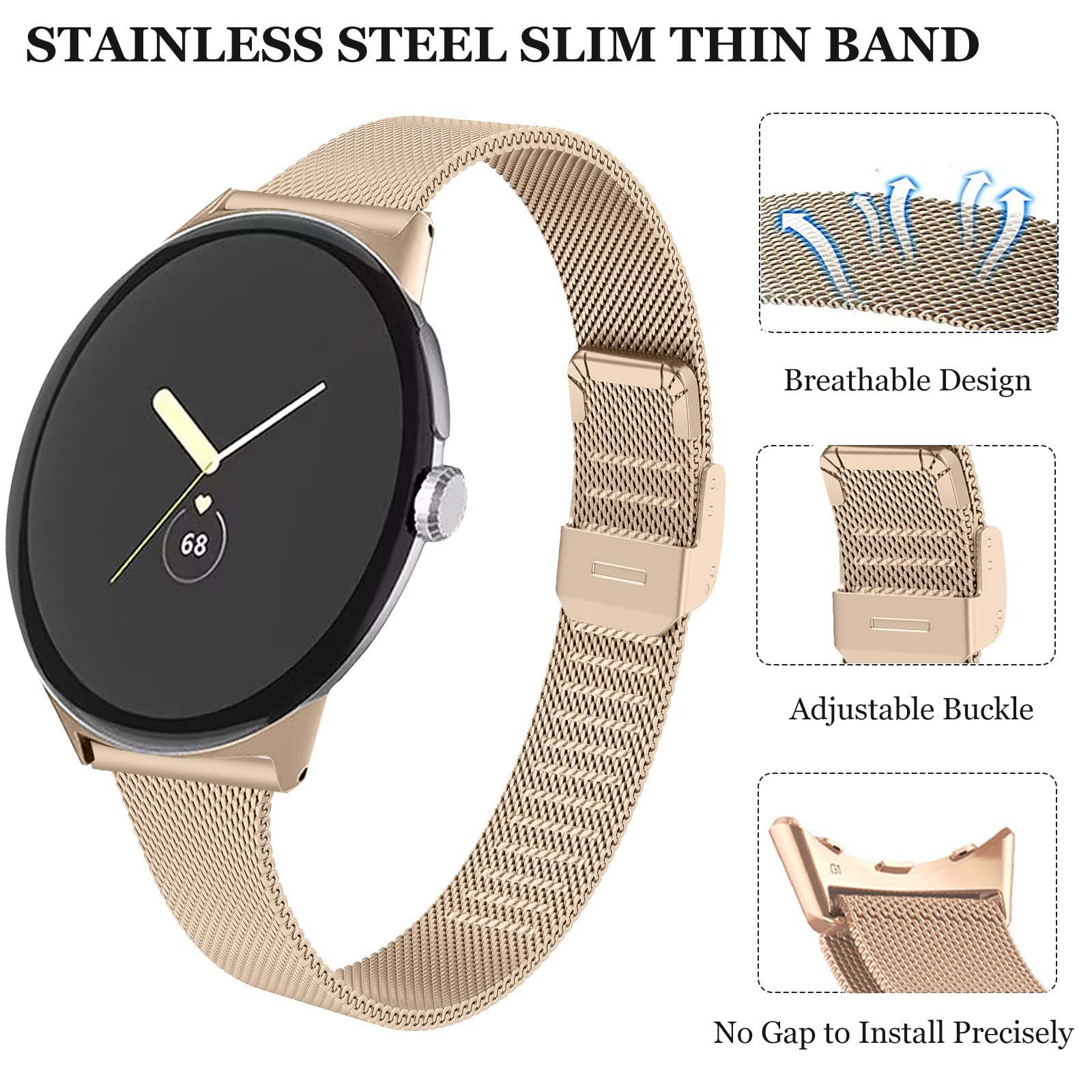 NINKI Slim Metal Band for Google Pixel Watch 3/2 - Champagne Gold Replacement Wristband for Men & Women, No Gap Design