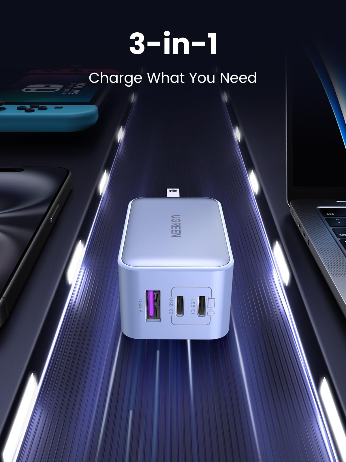 Ugreen 65W Usb C Charger, Nexode 3 Ports Gan Fast Charger Block, Compact Foldable Charger For Macbook Pro/Air, Dell Xps, Iphone