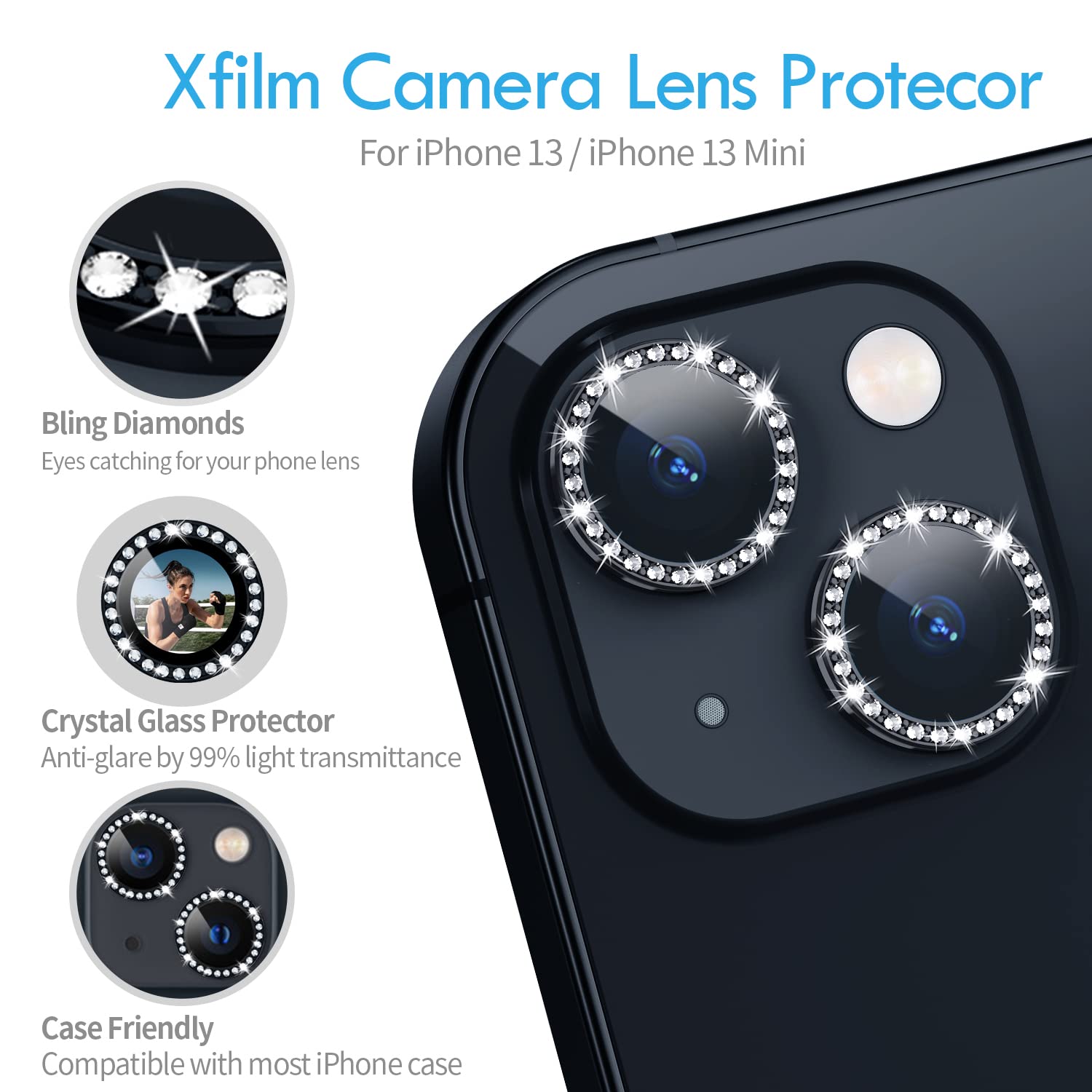 Xfilm Bling Diamond Individual Camera Lens Protector For Iphone 13 / Iphone 13 Mini, Hd Clear Tempered Glass Camera Lens Screen