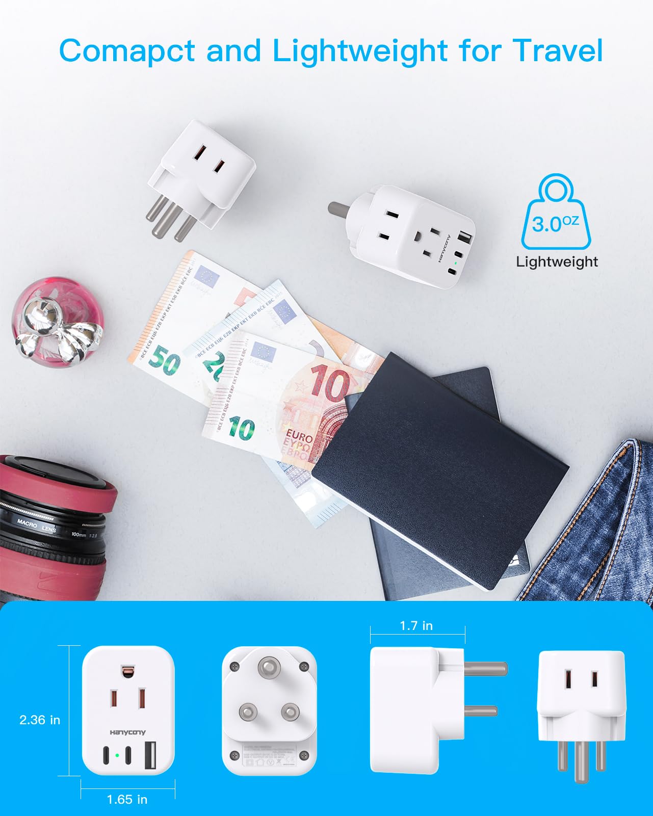 Us To India Plug Adapter, Type D Plug Adapter With 2 Outlets 3 Usb Ports(2 Usb C), India Power Travel Adapter For Usa To India,