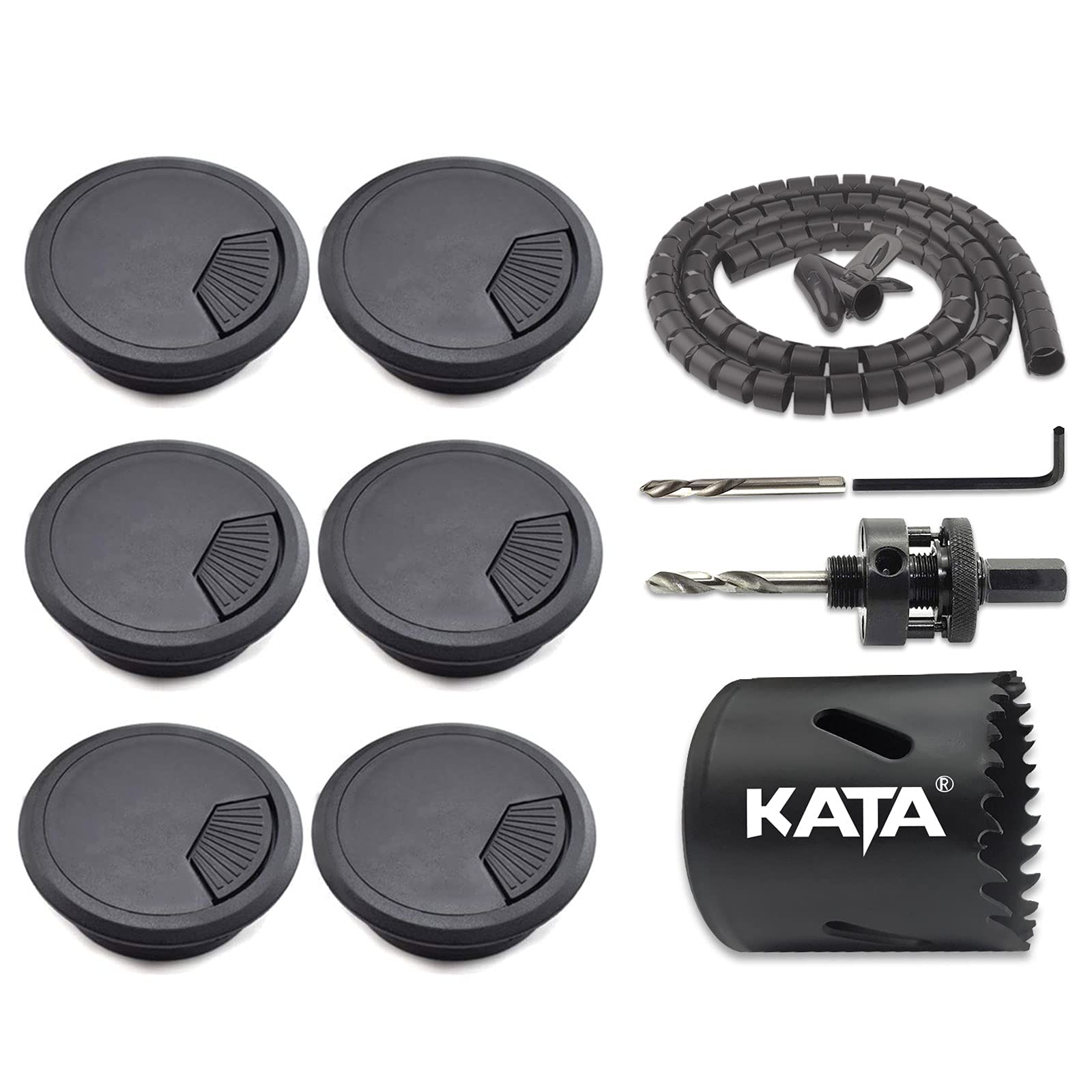 Kata 6 Pack Desk Grommet 2 Inch (50Mm) Wire Cord Cable Desk Hole Cover With Bi Metal Hole Saw Kit And Cord Wire Wrap Coiled Tube