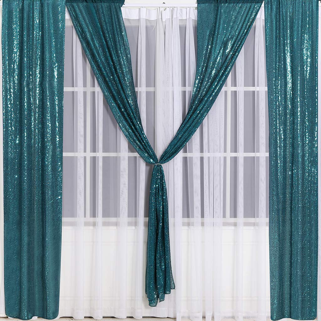 Juya Delight 2Ft X 8Ft X 2Pcs Teal Sequin Photography Backdrop Curtain For Wedding Party Decoration Festival Ceremony