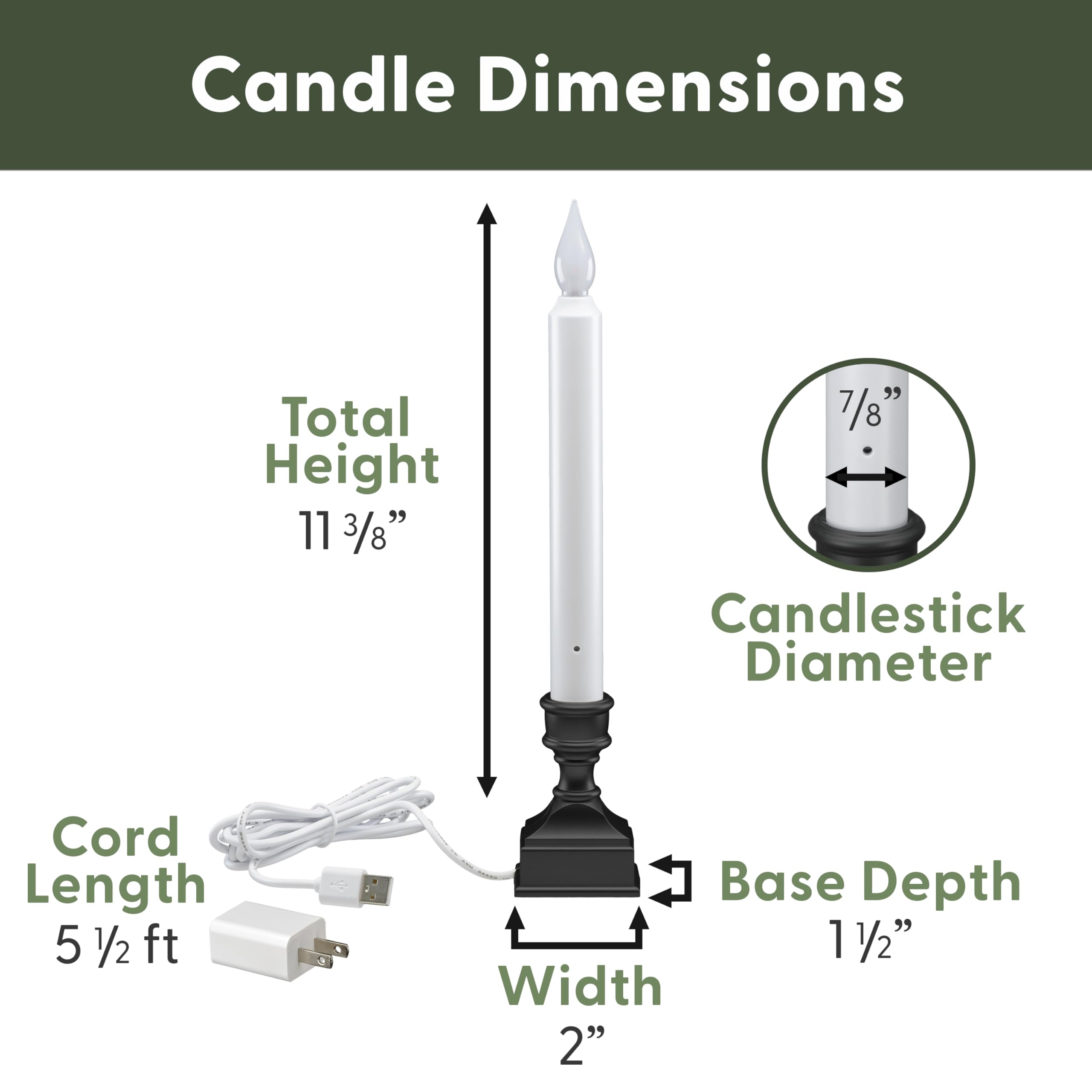612 Vermont Led Electric Window Candles With Bright Hot Spot, Sensor Dusk To Dawn, Flicker Flame Or Steady On, Usb Low Voltage A