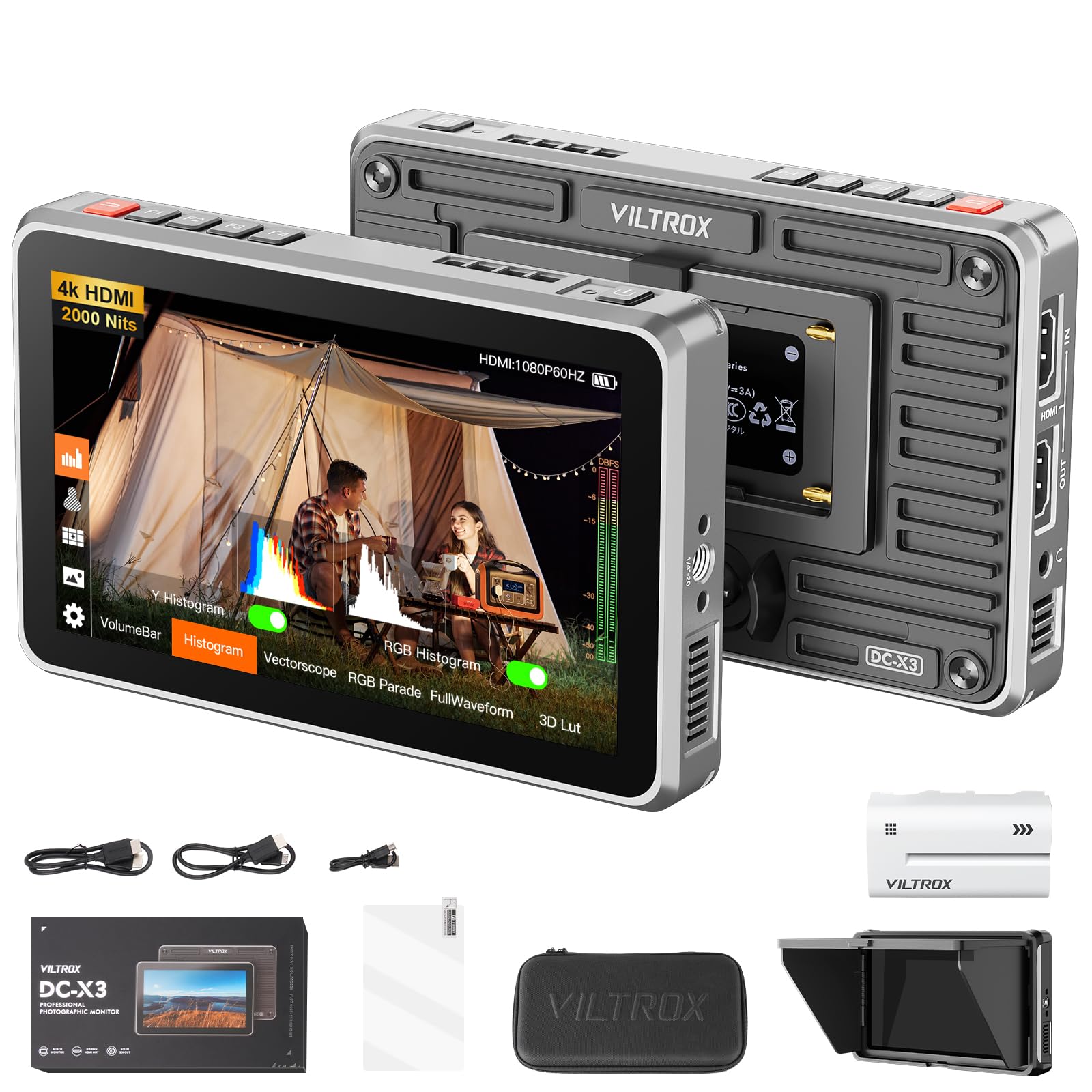 VILTROX DC-X3 Touchscreen Camera Field Monitor,4K HDMI in/Out Camera Video Monitor with Battery Sunshade Hood,Camera Touchscreen