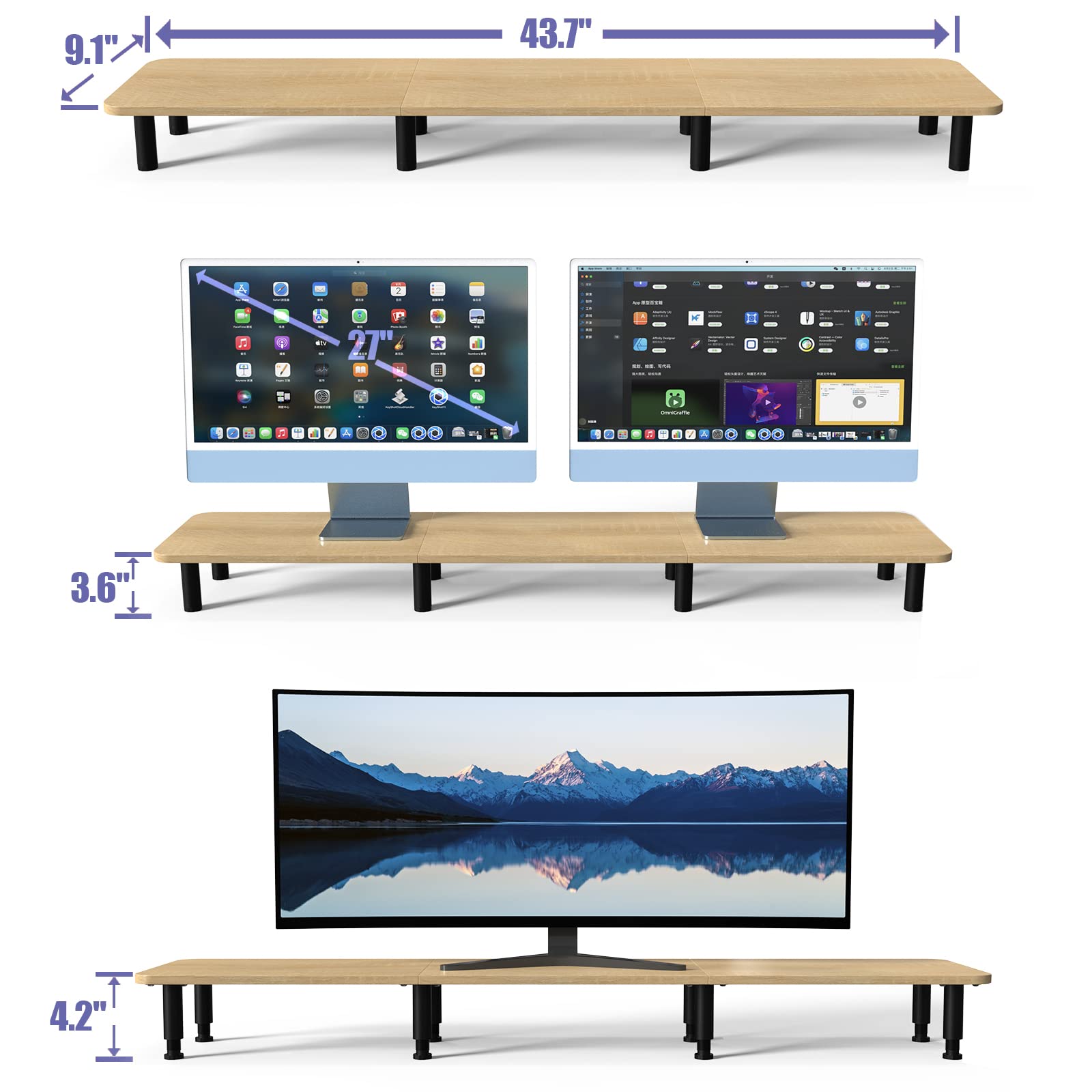 Wegastu Large Extra Long Monitor Stand Riser 43.7In ,Dual Monitor Riser , Wide Tv Stand For 2 Monitors, Wood & Steel Leg Adjusta