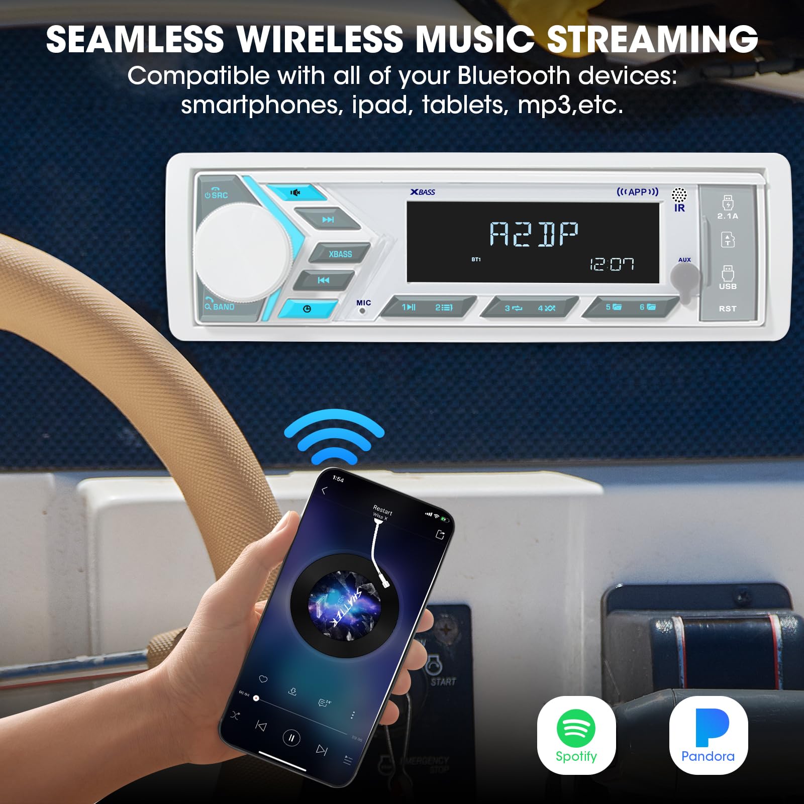 Single Din Marine Stereo Receiver: In Dash Bluetooth Boat Radio   Digital Lcd Display Push To Talk Assistant Am Fm Mp3 Sd Aux In