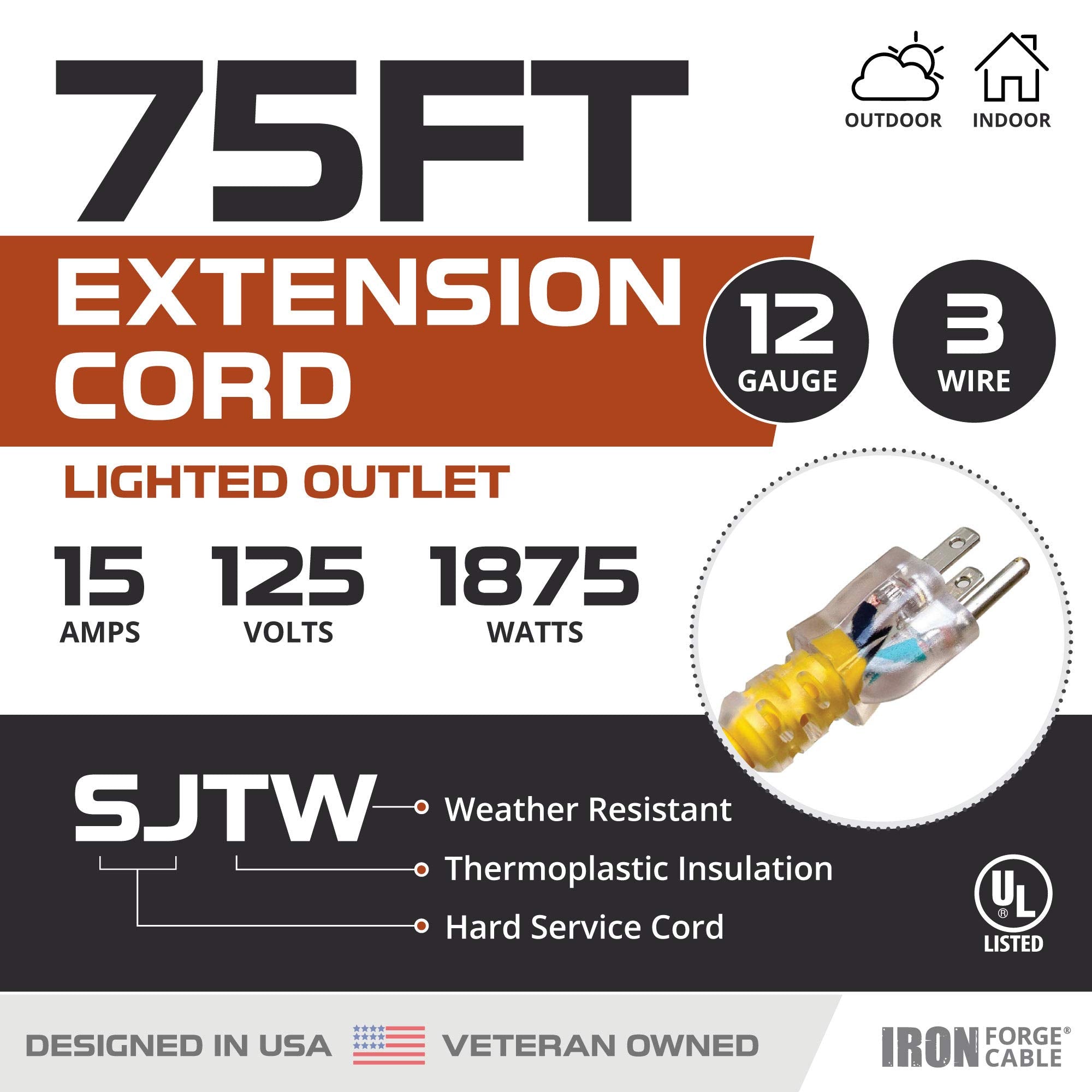 Iron Forge Cable 12 Gauge Extension Cord 75 Ft, 12/3 Sjtw 75 Foot Heavy Duty Extension Cord Outdoor 3 Prong, Weatherproof Yellow