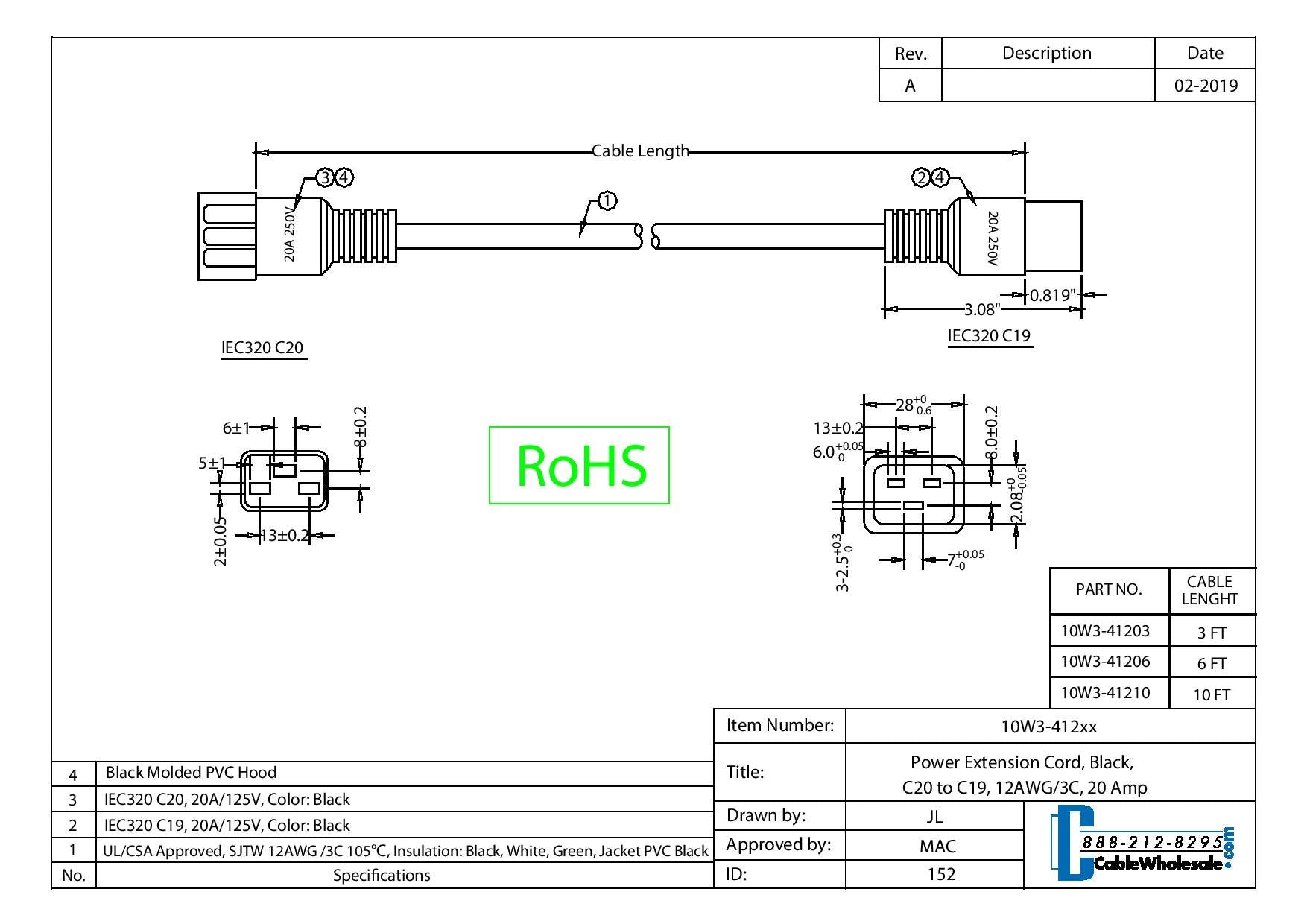 6 Feet Power Extension Cord, Black, Sjtw Heavy Duty Power Cord, C20 Male To C19 Female, 12Awg/3C, 20 Amp, 12 Awg, C20 To C19 Pow