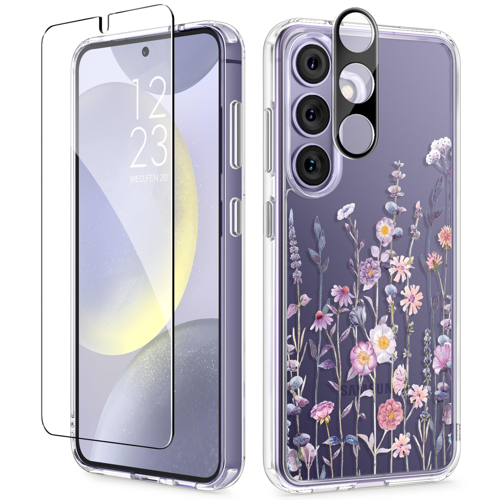 Gviewin Compatible With Samsung Galaxy S24 Plus Case With Screen Protector+Camera Lens Protector, Clear Stylish Floral Pattern S