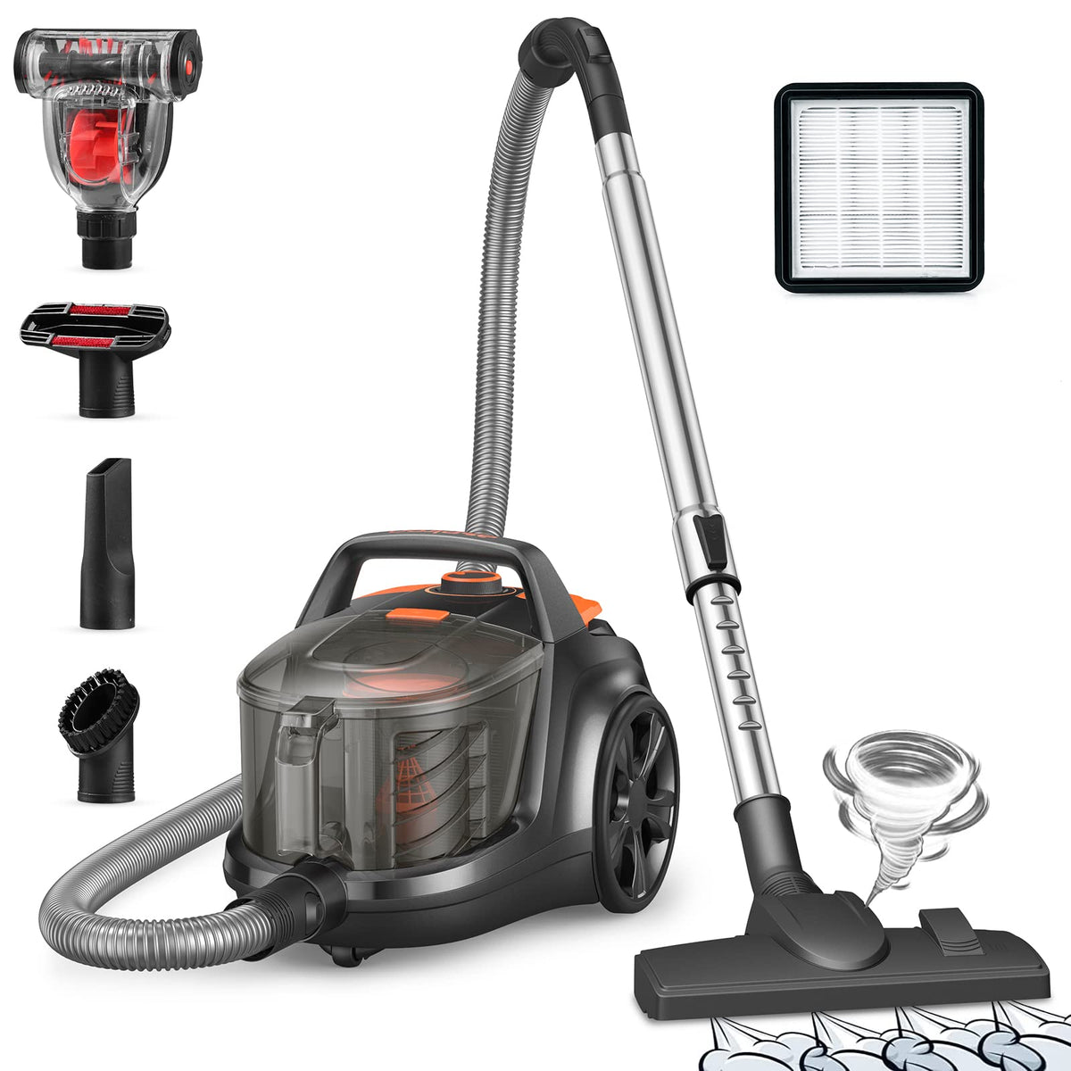 Aspiron Canister Vacuum Cleaner, 1200W Lightweight Bagless Vacuum Cleaner, 3.7Qt Capacity, Automatic Cord Rewind, 5 Tools, Hepa