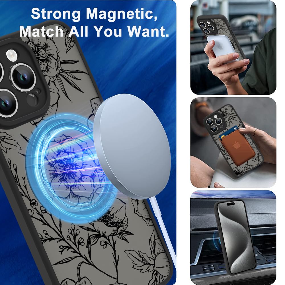 Ook Magnetic For Iphone 15 Pro Case Black Flower Floral Pattern [Compatible With Magsafe] Slim Translucent Matte Camera Lens Pro