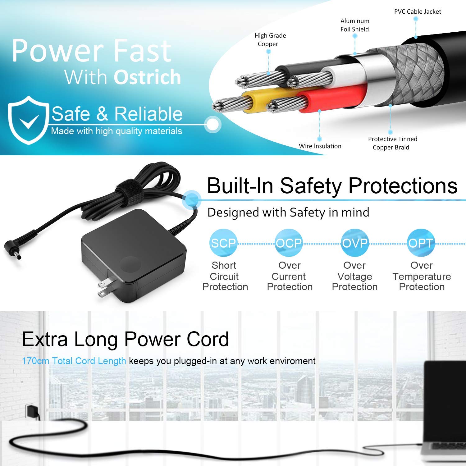 Ostrich Charger Compatible With Lenovo Laptop Computer 65W 45W Round Tip Power Supply Ac Adapter