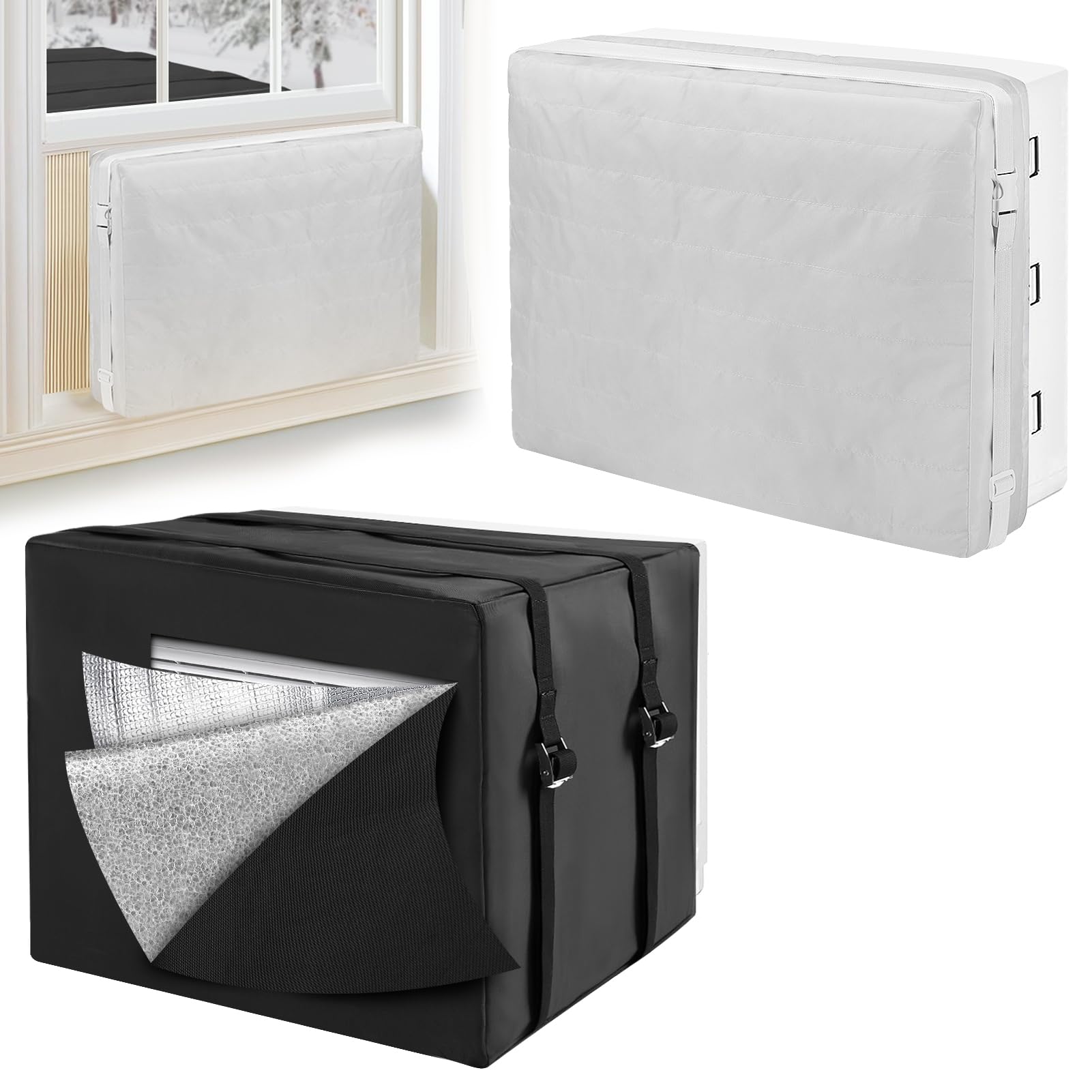 Insulation Window Air Conditioner Covers Set for Outside & Inside - Winter AC Cover with Windproof Straps, Outdoor Unit 27.5W 