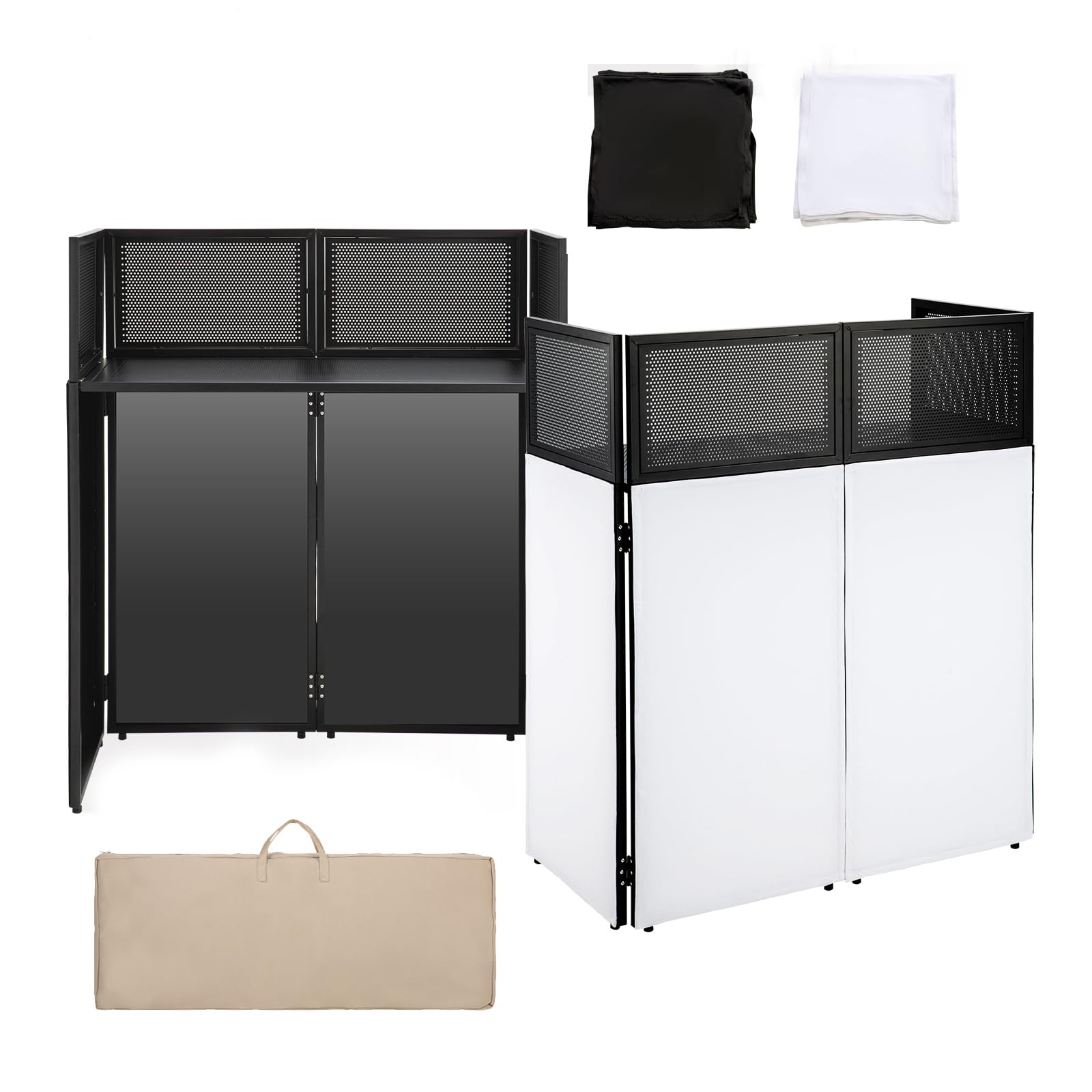 Portable DJ Booth Facade Stand | Foldable DJ Table with 38.5x19 Surface & Cable Hole | Includes Black/White Scrims & Carry Bag f