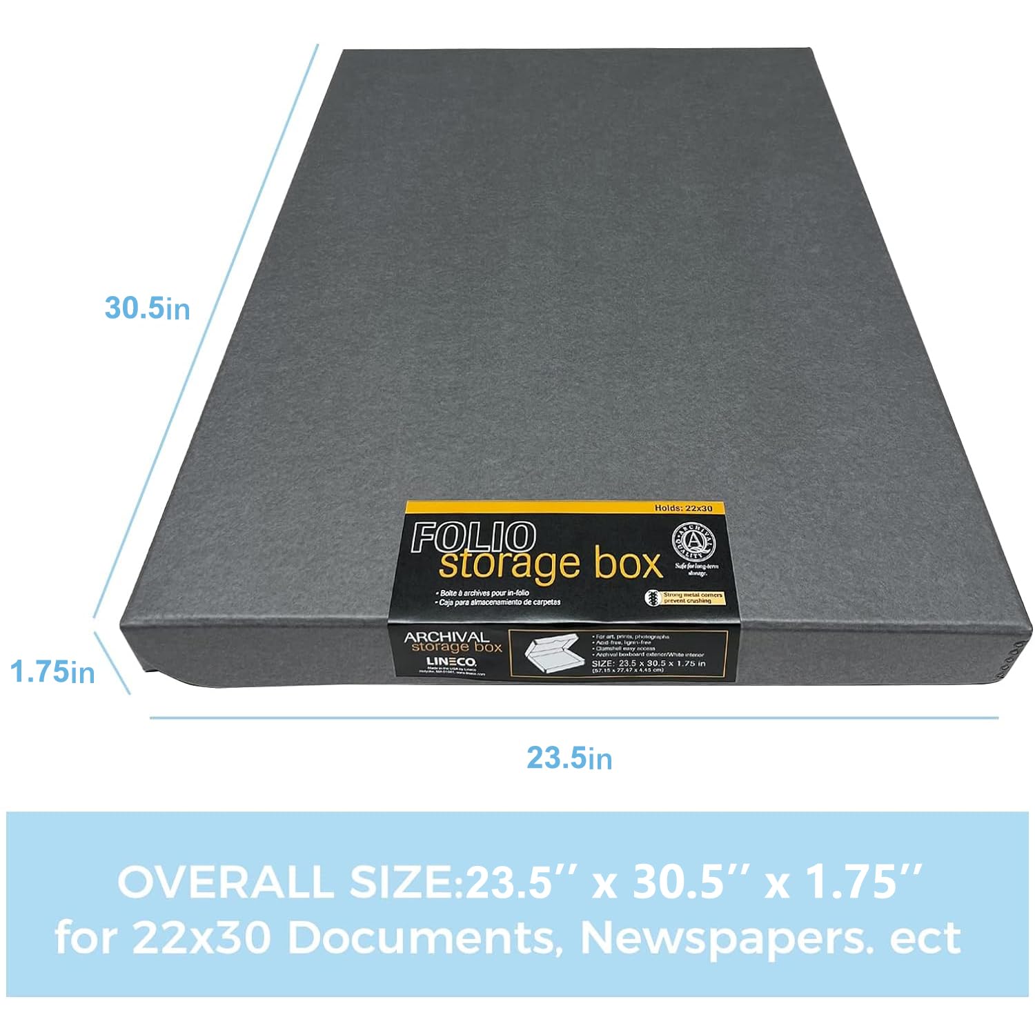 Lineco Folio Storage Box, Clamshell Design With Metal Edge. 23.5X30.5X1.75 In, Archival Boxboard, Organize And Preserve Photos, Prints, Cards, Magazines, Documents, Art, Ephemera, Family Records, Gray