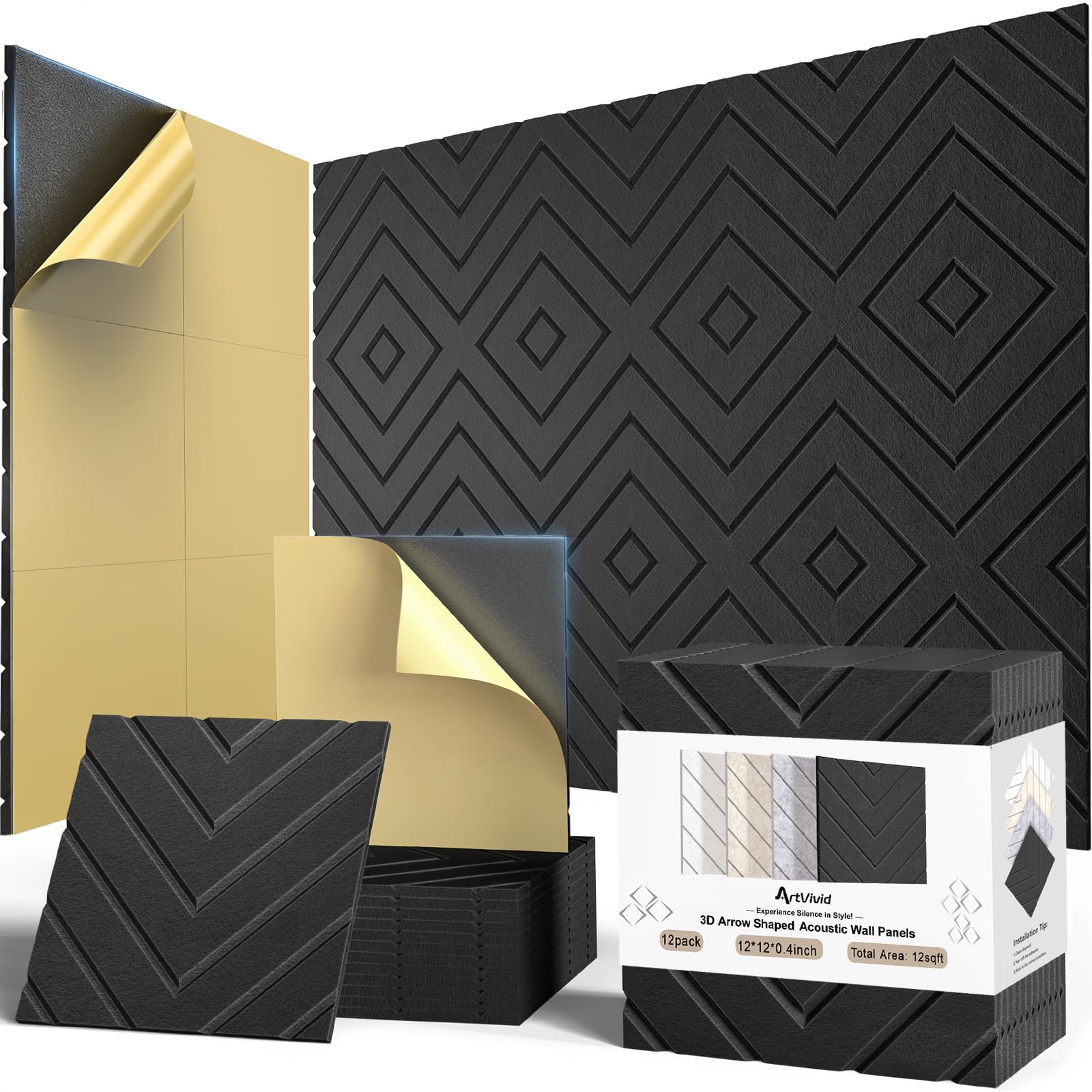12Pack Acoustic Wall Panels, Self-Adhesive Sound Proof Foam Panels for Walls, Decorative Sound Dampening Wall Panels, Sound Abso