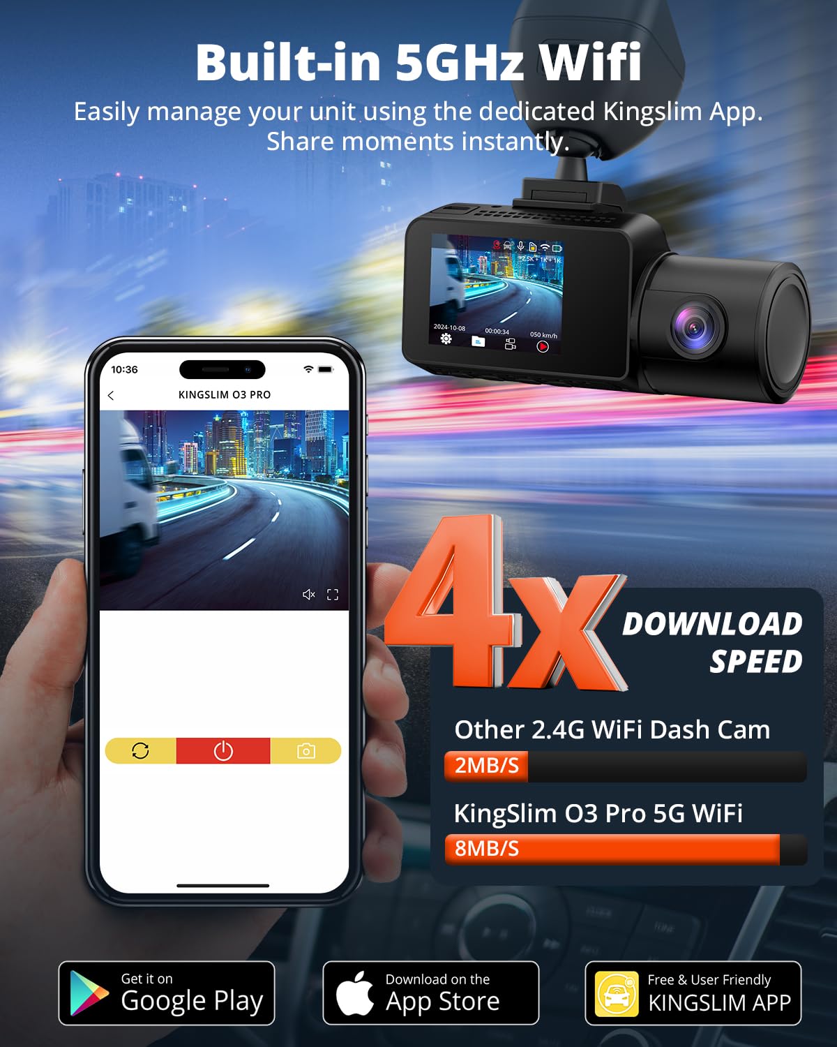 Kingslim 3 Channel 5G Wifi Dash Cam With 64Gb Card, 2.5K/1080P Front And Rear Inside Dashcam, 2.5K/1080P/1080P Three Way Dash Ca
