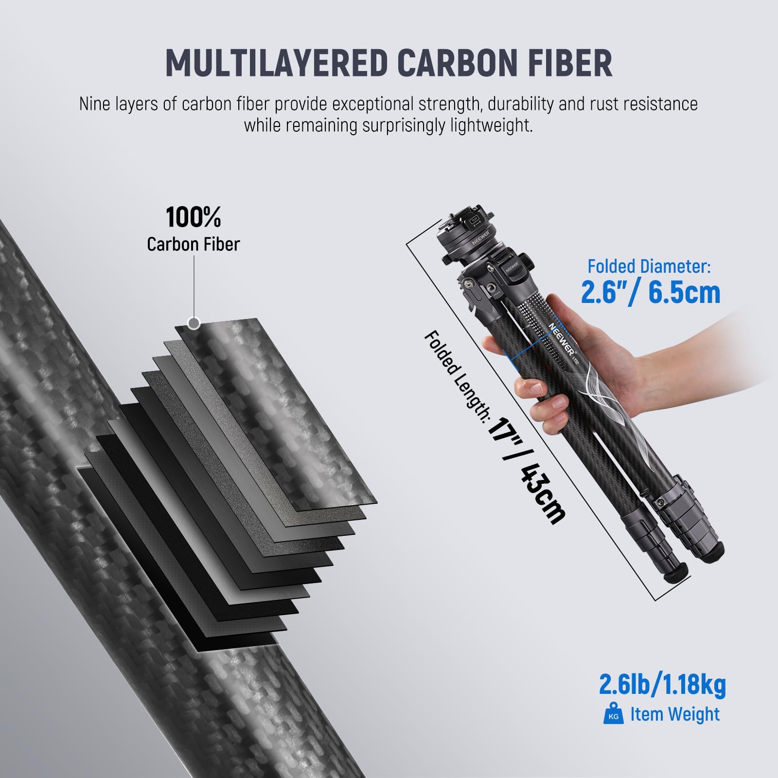 Neewer Litetrip Lt32 62'' Travel Tripod Carbon Fiber With 15 Leveling 360 Panorama Head, Detachable Center Axis, Fast Flip Buckl