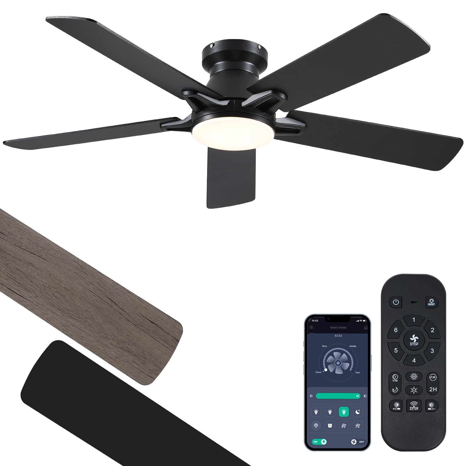 52 Inch Black Flush Mount Ceiling Fan With Dimmable Led Light, Remote/App Control, Reversible Dc Motor, Low Profile For Modern I