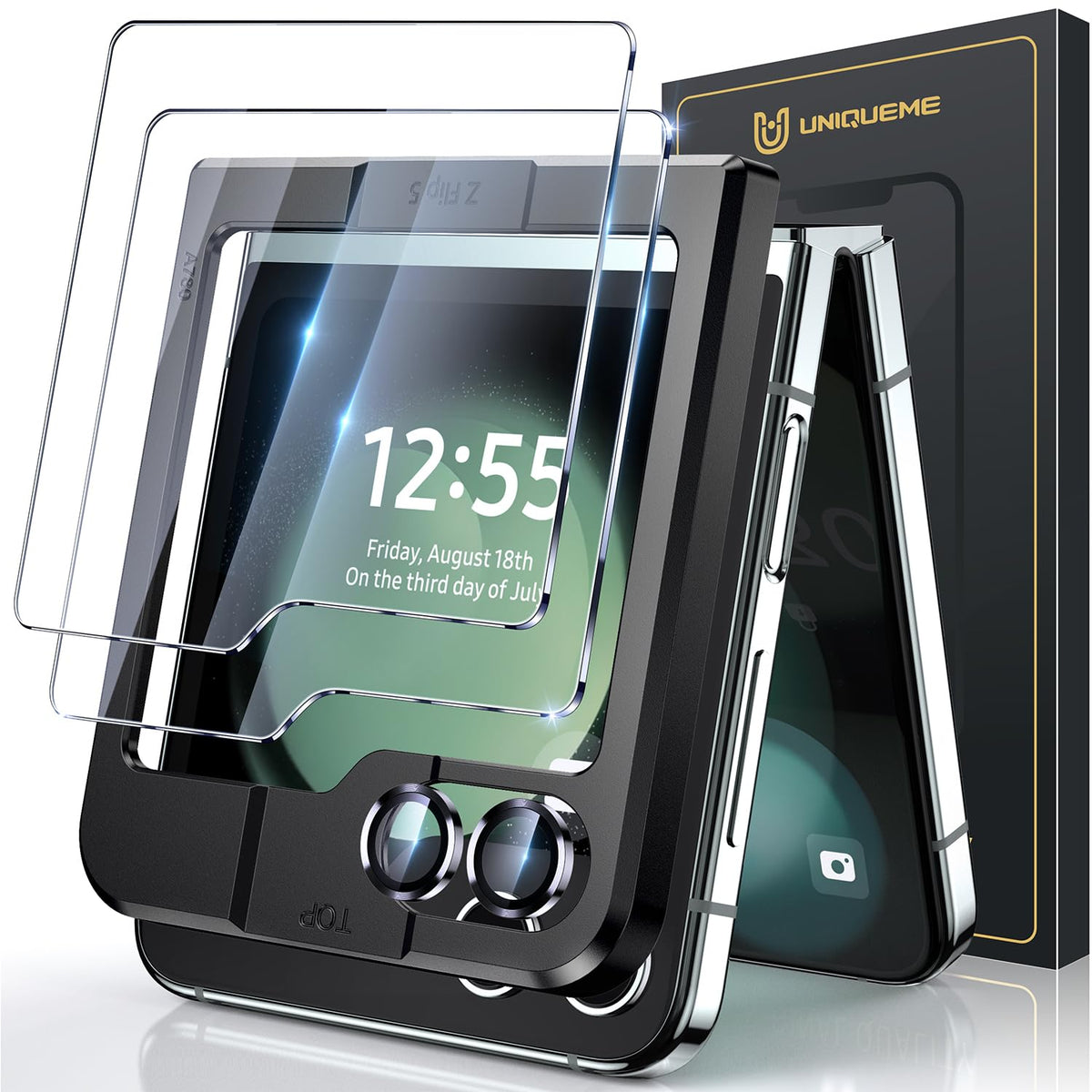 UniqueMe for Samsung Galaxy Z Flip 5 Screen Protector, 9H+ Front Tempered Glass 2pcs + Camera Lens Protector 1pcs HD Clear Anti-Scratch [Case Friendly] [Bubble Free] Fingerprint Compatible