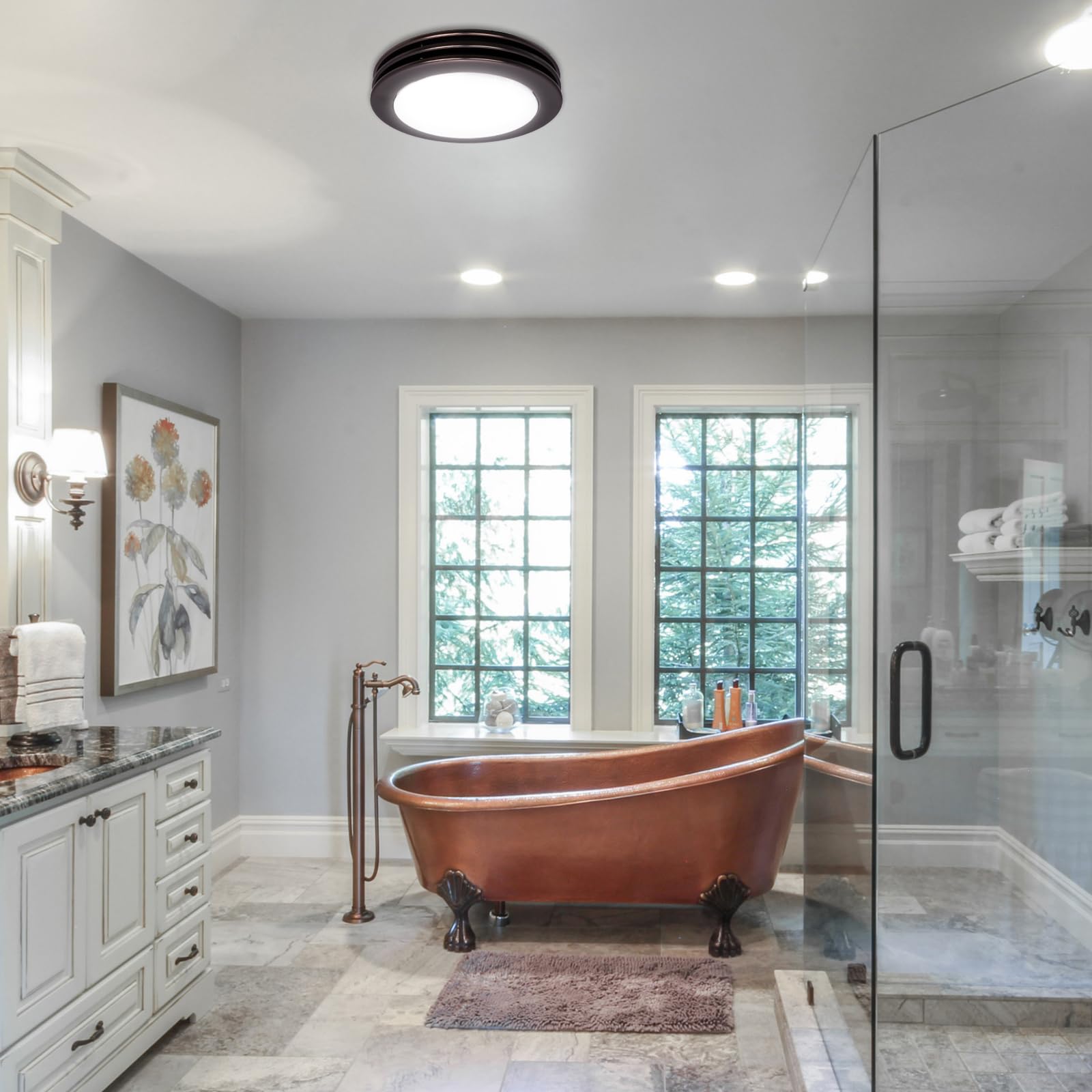 Akicon Ultra Quiet Bathroom Exhaust Fan With Led Light 80Cfm 2.0 Sones Round Bathroom Ventilation Fan With Frosted Glass Cover (