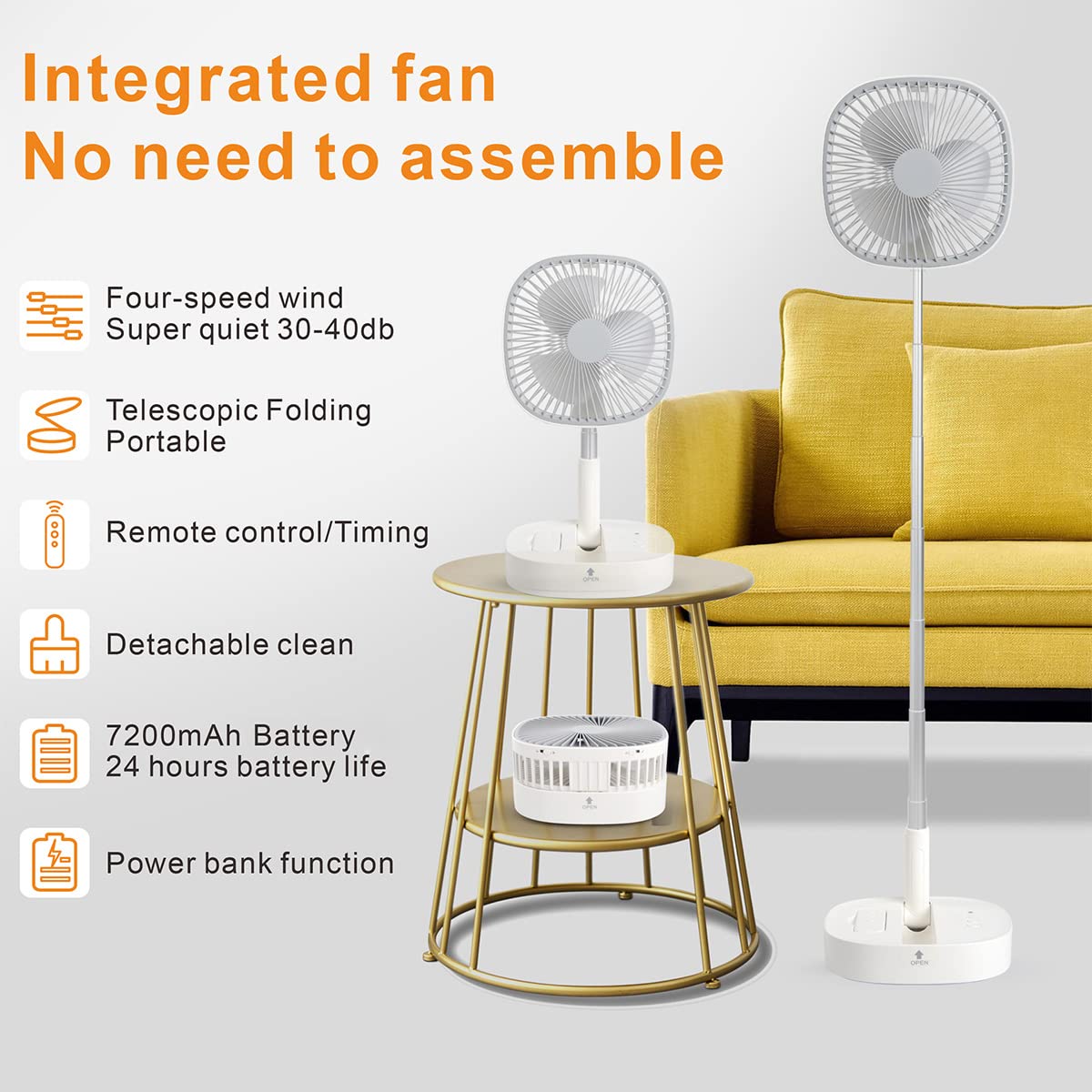 Portable Pedestal Fan   Foldaway Standing Fan Foldable Desk Fan, Use 7200Mah Rechargeable Battery, Remote Control Telescopic 4 S