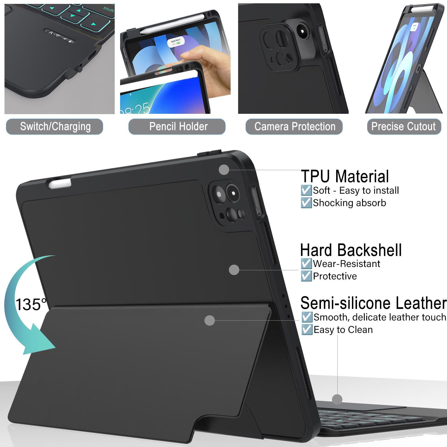 Zenlu Ipad Case With Keyboard Detachable For 11Inch Ipad Pro (1/2/3/4 Gen) & 10.9 Ipad Air 4/5/6(M2, 11'') Gen, Rugged Case With