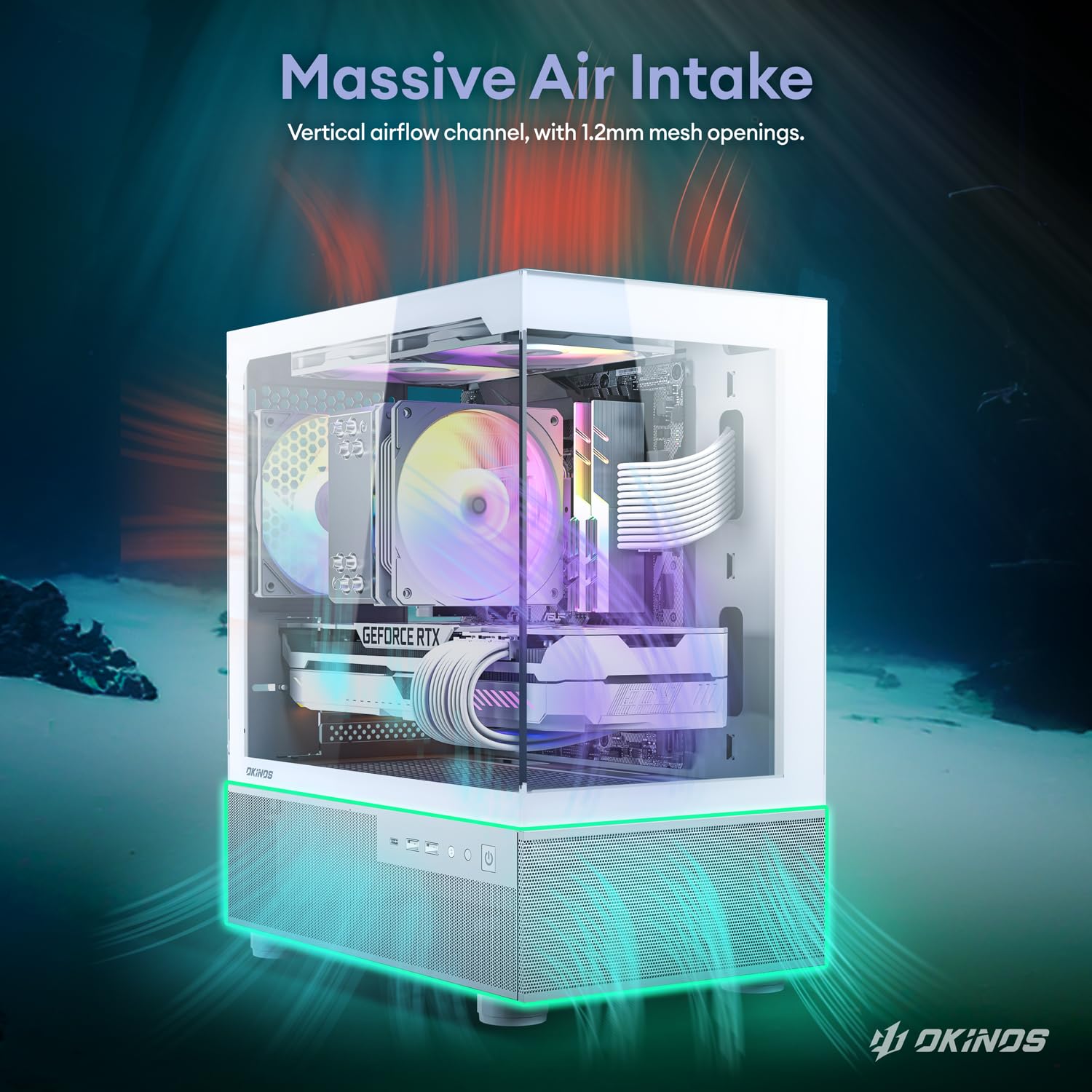 Okinos Aqua 3, Micro Atx Case, Matx Pc Case With 3 X 120Mm 3 Pin Argb Fan Pre Installed, Panoramic View Tempered Glass Front & S