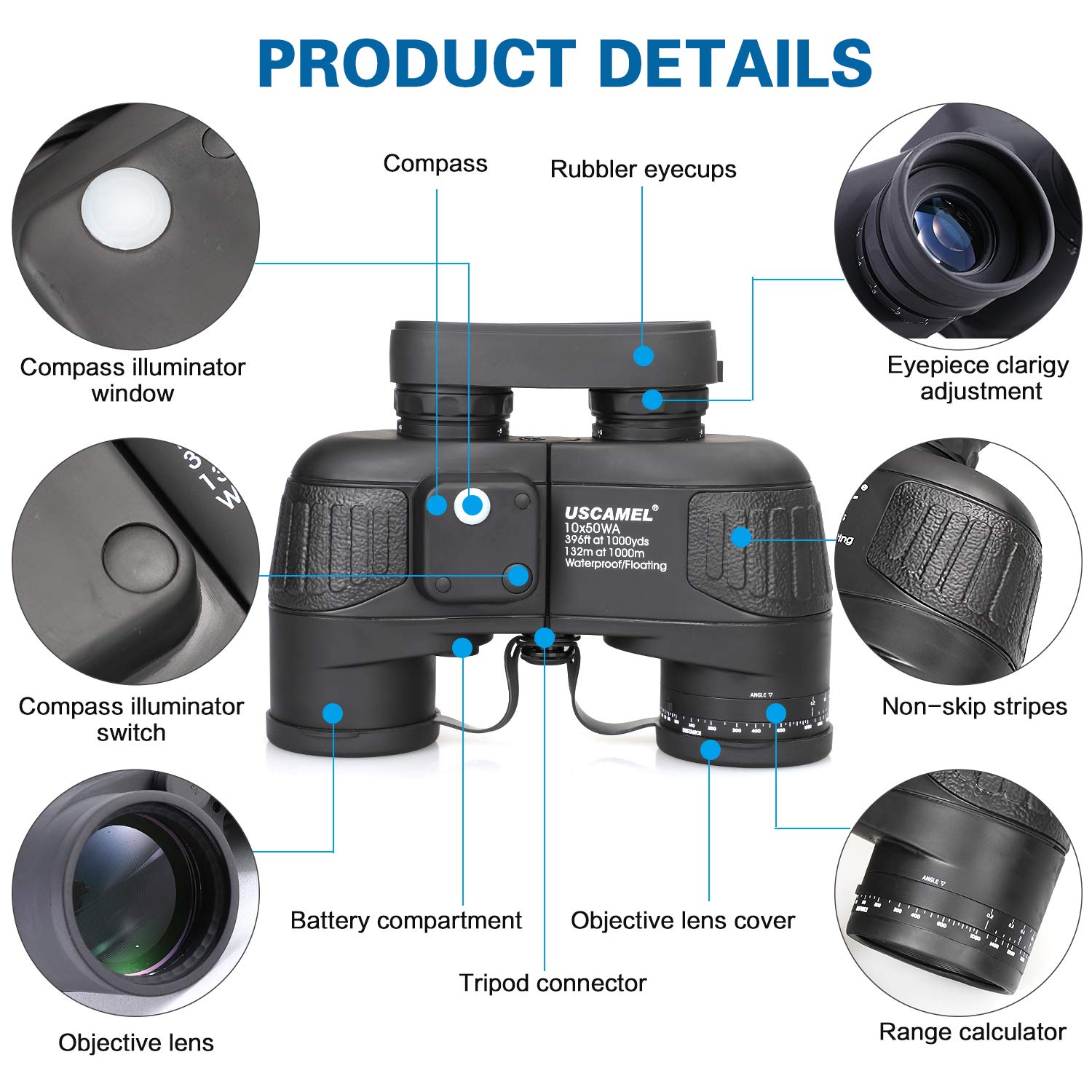 Uscamel 10X50 Marine Binoculars For Adults, Waterproof Binoculars With Rangefinder Compass Bak4 Prism Fmc Lens Fogproof For Navi