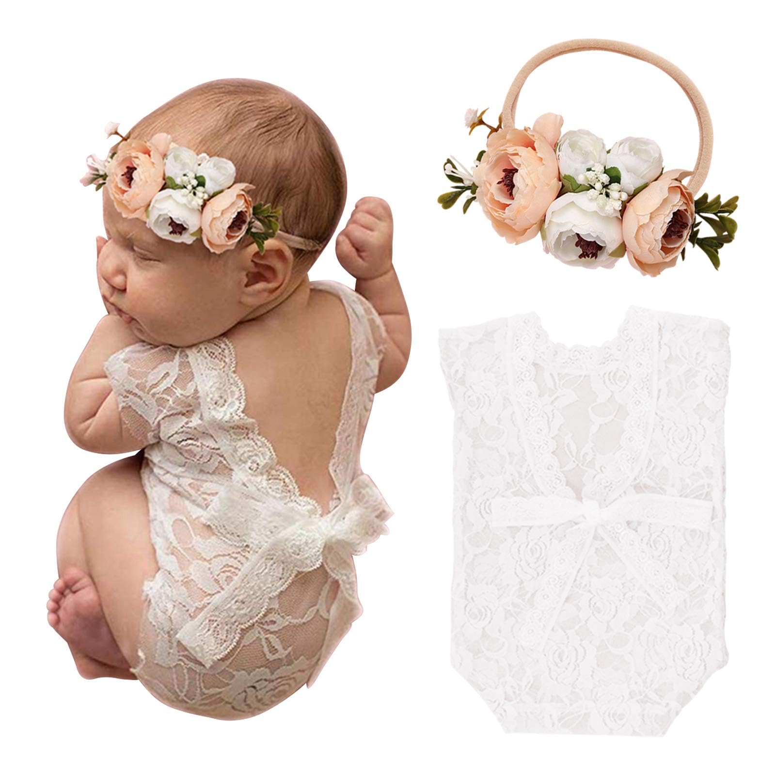 Spokki Newborn Baby Cute Lace Rompers Photography Props With Flower Headband Vest Floral Classic Outfits For Girl Princess Twins Birthday Party