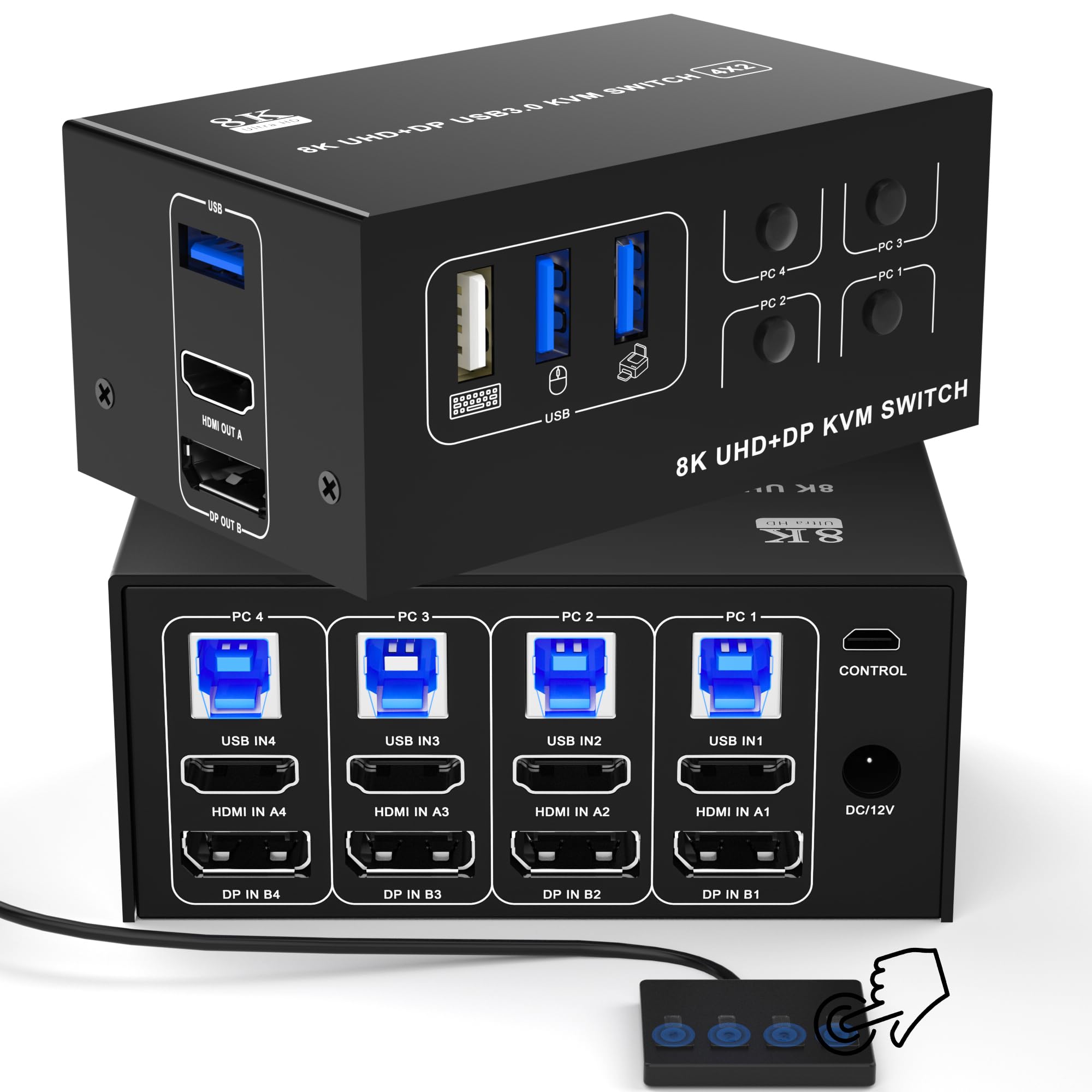 KVM Switch 4 Computer 2 Monitor - 8K@60Hz 4K@120Hz HDMI and Displayport Dual Monitor KVM Switcher for 4 PC 2 Monitor, with Deskt