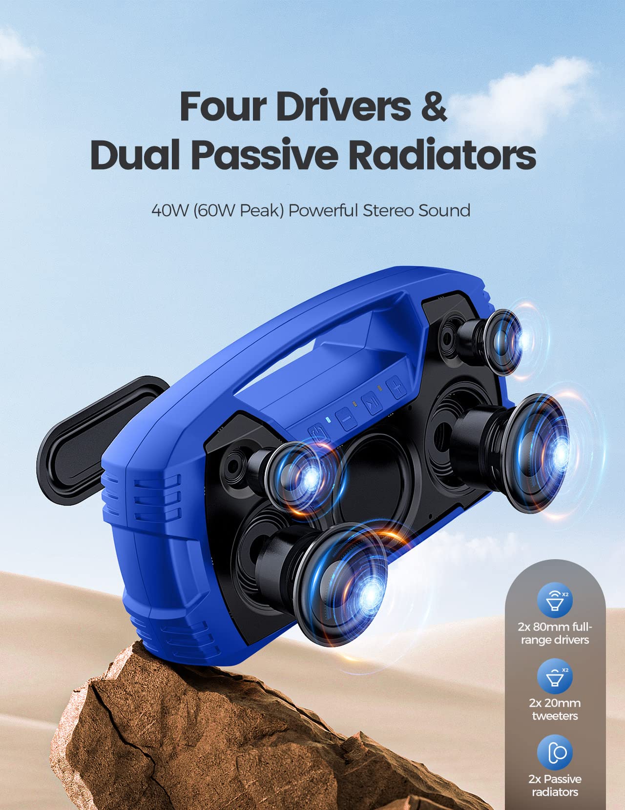 Ipx7 Waterproof Bluetooth Speaker, 40W (60W Peak) Portable Wireless Speaker, 32H Playtime, Stereo Loud Sound, Deep Bass, Outdoor