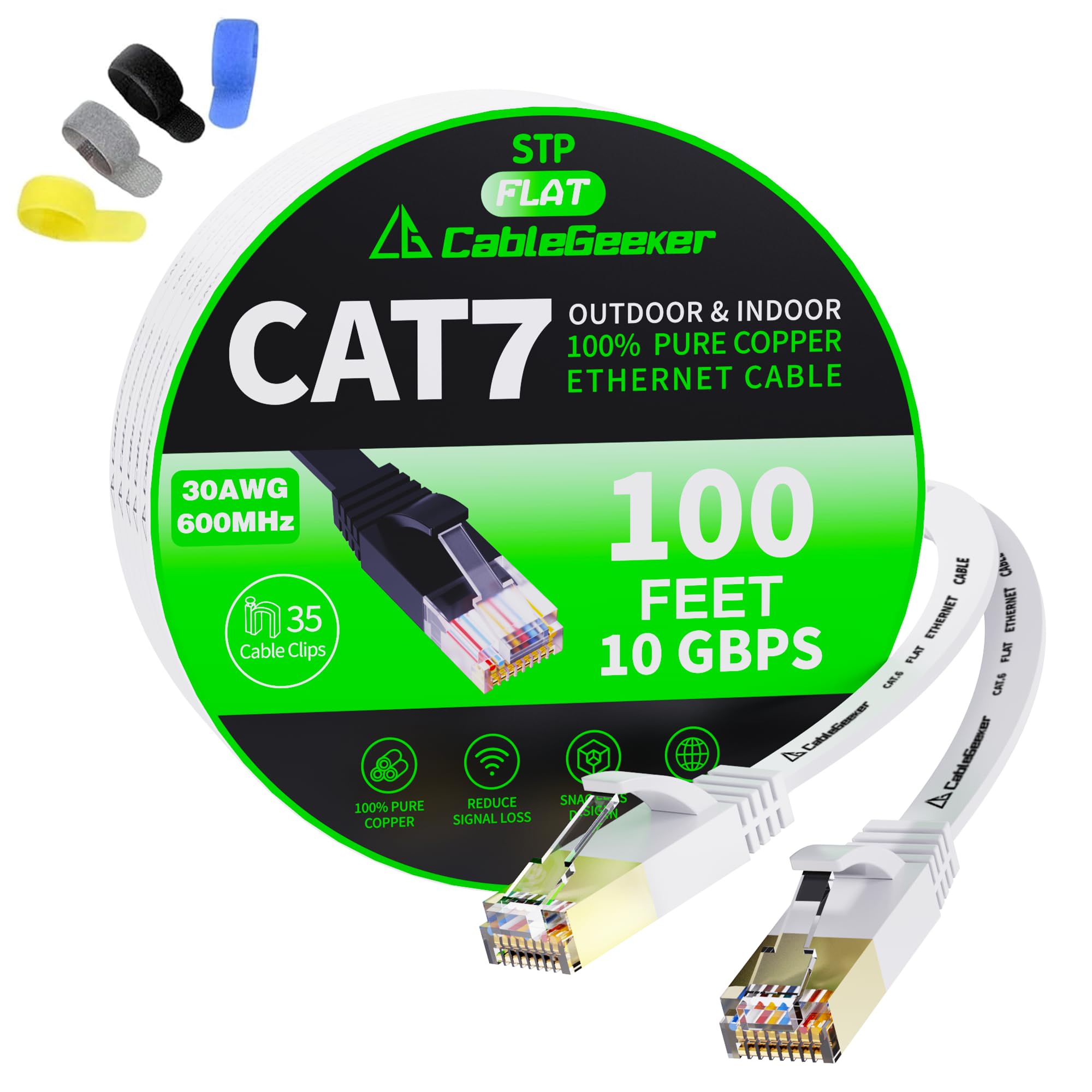 Cat 7 Shielded Ethernet Patch Cable 100 ft White (Highest Speed Cable) Cat7 Flat Internet Network Cable with Snagless RJ45 Conne