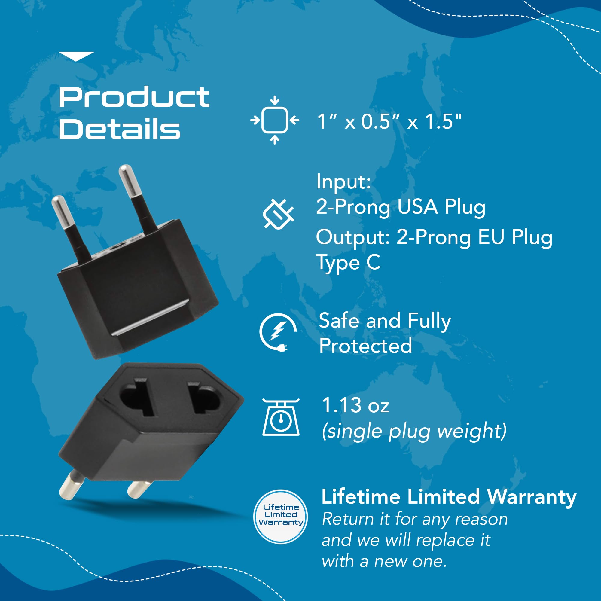 Ceptics Usa, Canada To European Plug Adapter   Type C Adapter Compatible In Europe, Canada To European Travel Plug Adapter Ideal