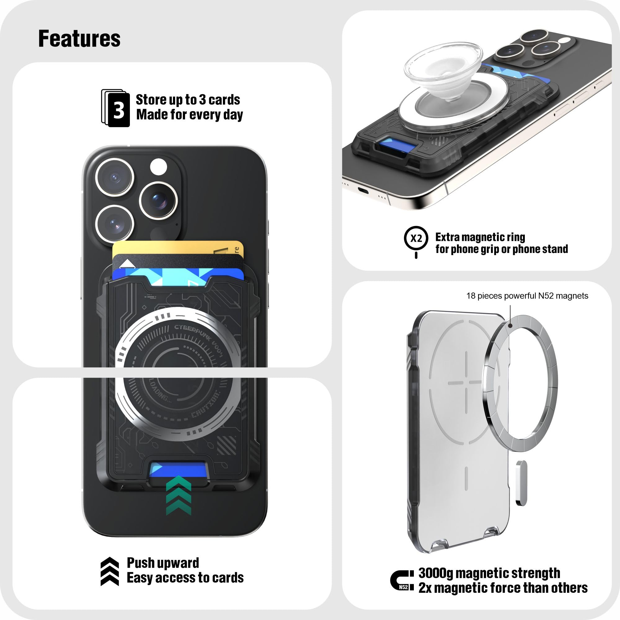 Wenew For Magsafe Wallet With Stackable Design, 3-Card Holder Magnetic Wallet For Iphone, Heavy Duty Hard Shell, 3,200 G Magneti