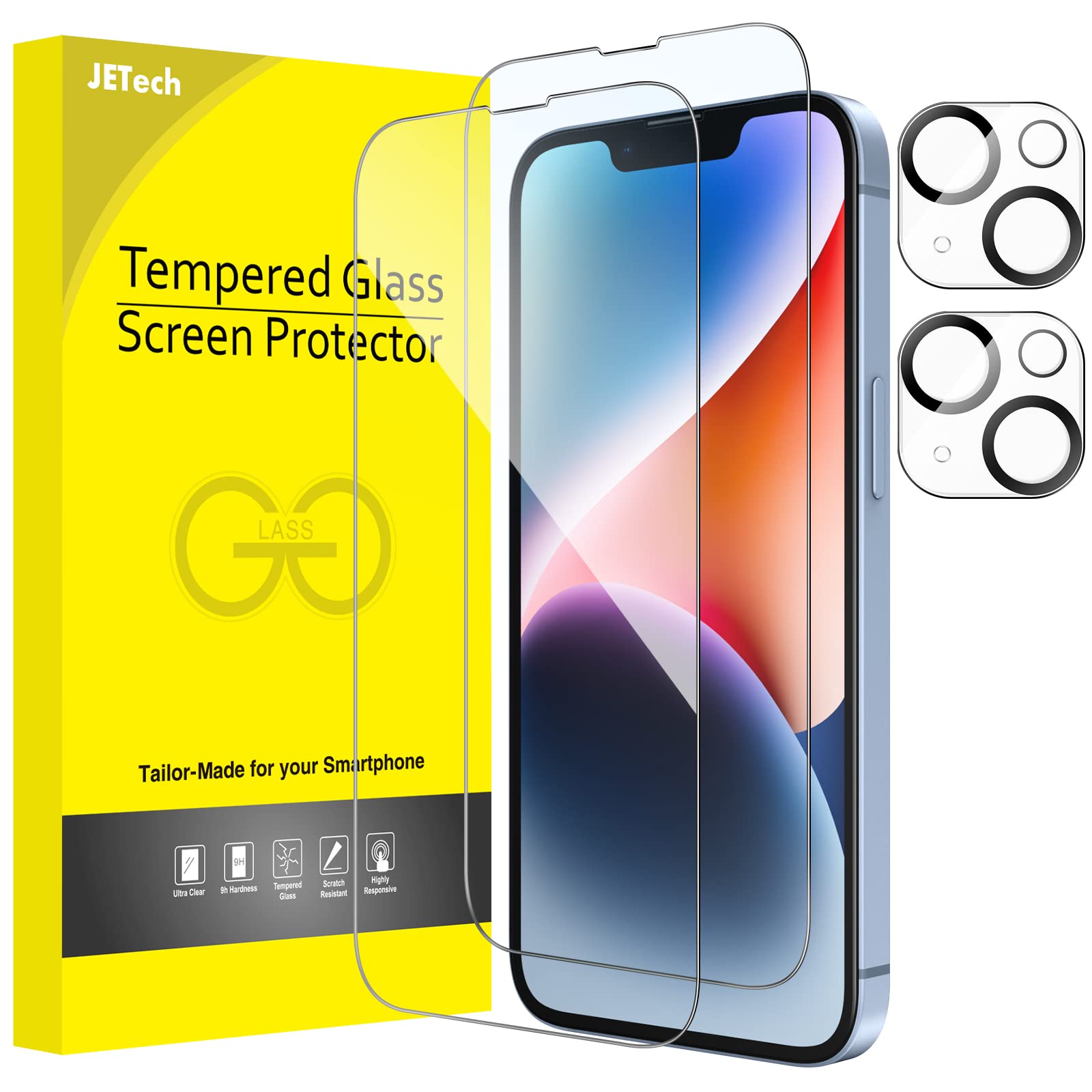 Jetech Full Coverage Screen Protector For Iphone 14 6.1 Inch With Camera Lens Protector, Tempered Glass Film, Hd Clear, 2 Pack E