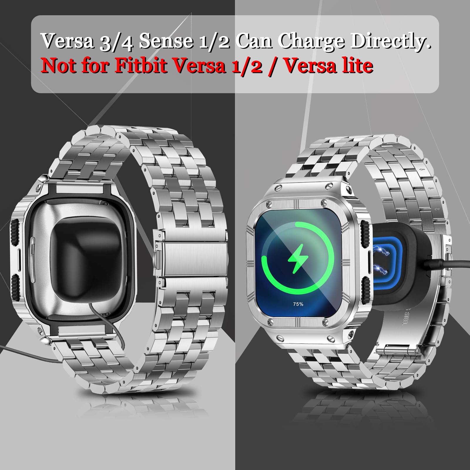 Suplink Stainless Steel Case And Band Compatible With Fitbit Versa 2 Bands/Versa/Versa 3/Fitbit Versa 4 Bands Men,Rugged Cover S