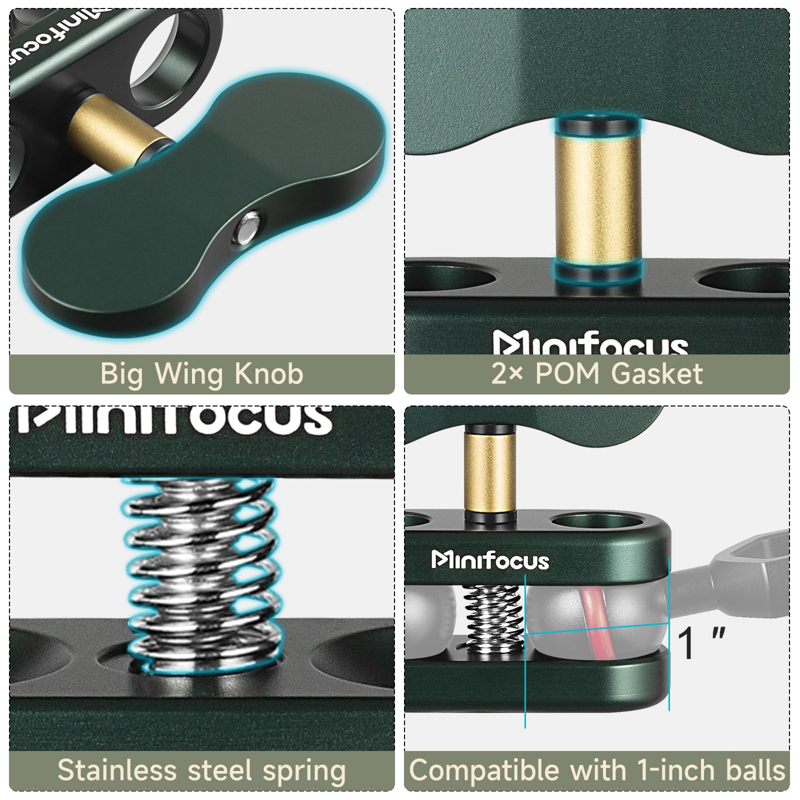 Minifocus Aluminum 1'' Ball Clamp Mount, Double Socket Arm, 360 Spring Clip Adapter Bracket Holder For Underwater Diving Photogr