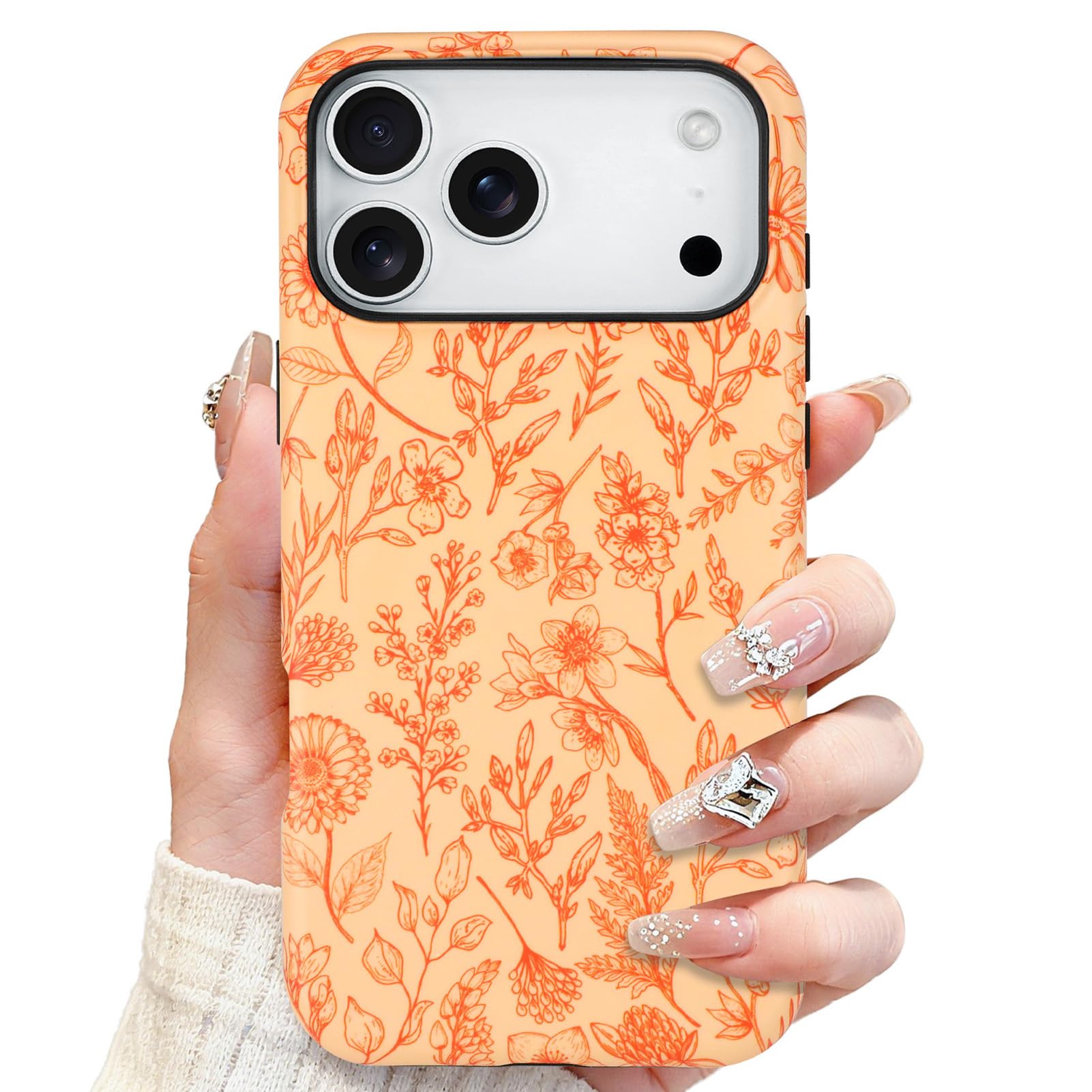 SOKAD Magnetic Sage Floral Phone Case for iPhone 17 Pro, Vintage Orange Flower Pattern Compatible with Magsafe Matte Protective 