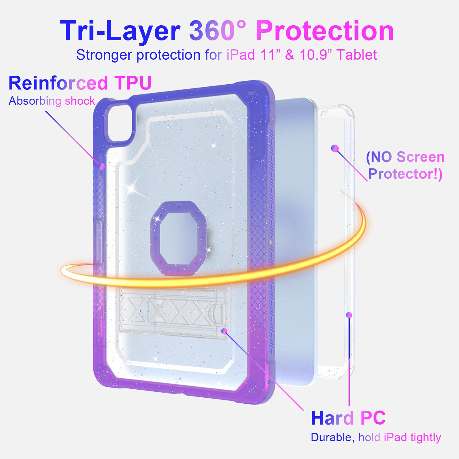 Zonefoker Ipad Air 5/4 Case, Pro 11 Case   Cute Glitter Blue To Purple 10.9 Inch 2020/2022 Cover With Pencil Holder/Stand