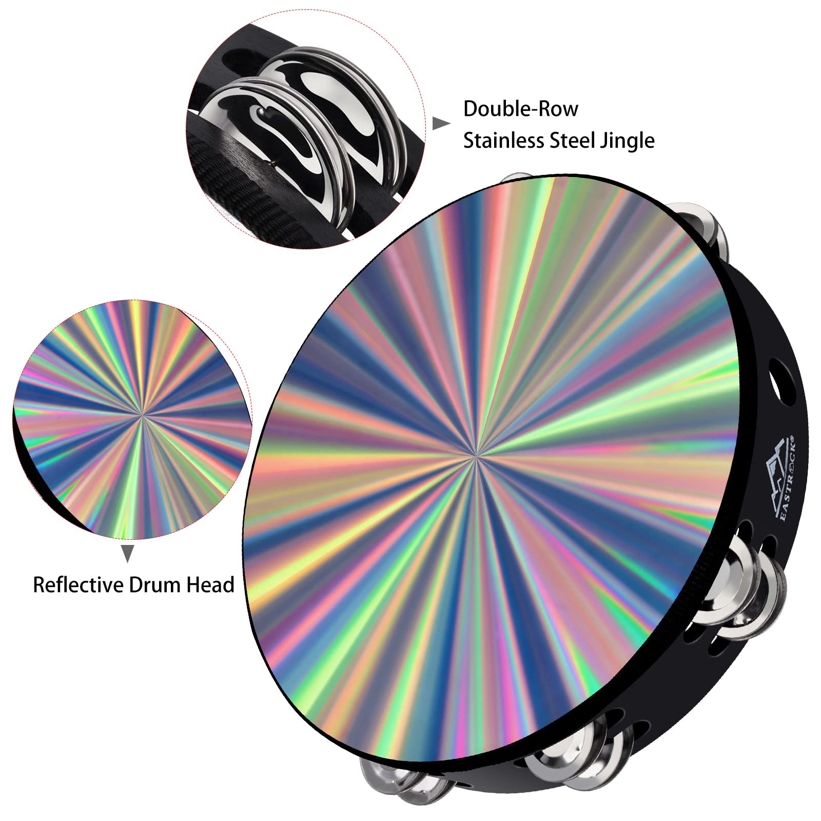 Eastrock Radiant Tambourine Hand Held Drum 10 Inch Double Row Jingles Reflective Tambourine Musical Instrument For Adults Church